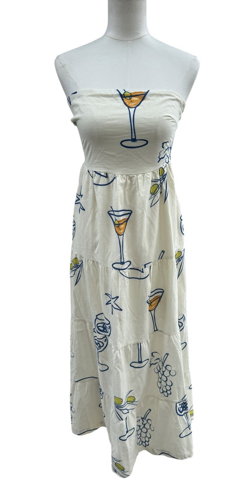 Strapless Martini Print Maxi Dress Small Coastal Vacation Olive Wine Resort Wear