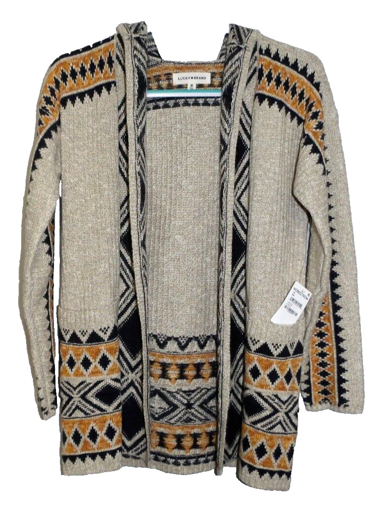 LUCKY BRAND tan, black & orange knit open front sweater women’s size XS, NEW