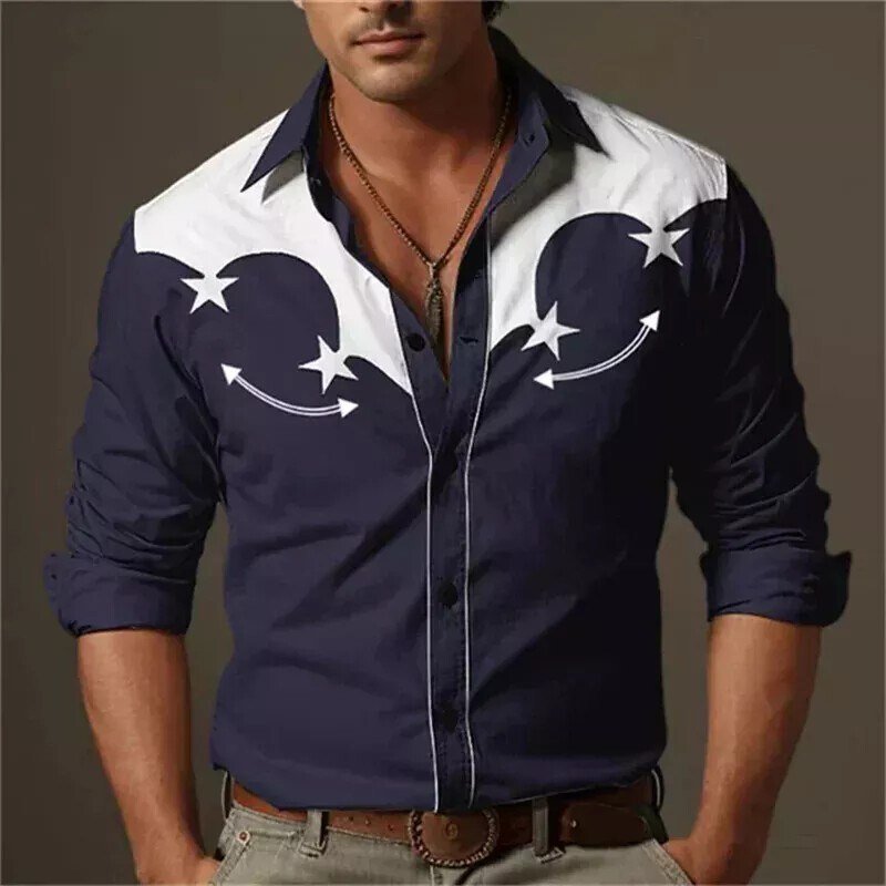 Men Western Long Sleeve Shirts Slim Button Down Dress Shirt Blouse Casual Tops