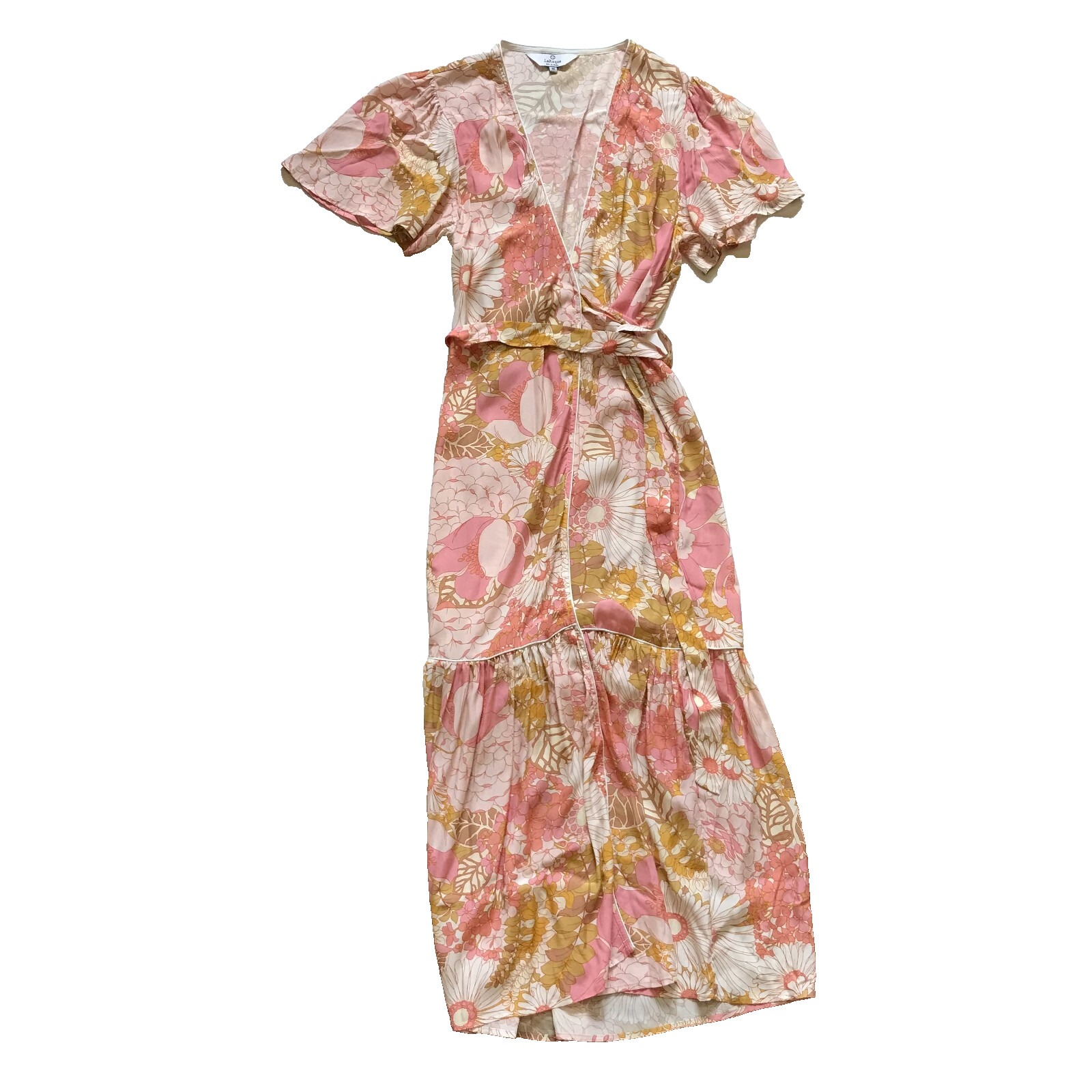 LaRoque Joanna Wrap Maxi Dress Womens Medium Pink Floral Palm Beach Print V-Neck
