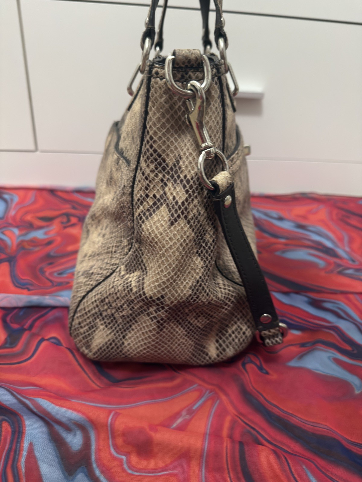 Coach Park Python Embossed Leather Carryall Tote Bag Silver Turnlock F24384
