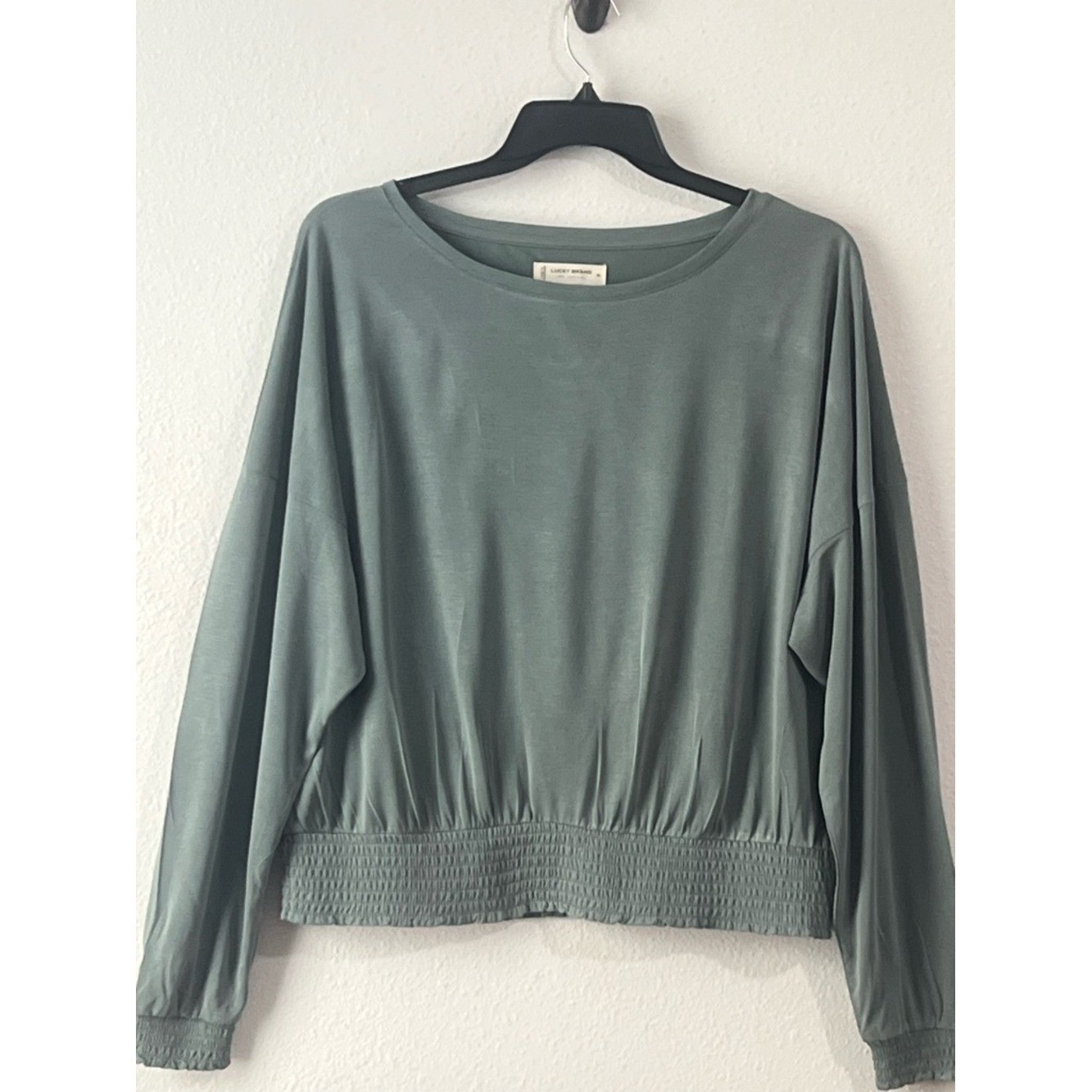 Lucky Brand Sage Green Smocked-Hem Boatneck Top, Size XL
