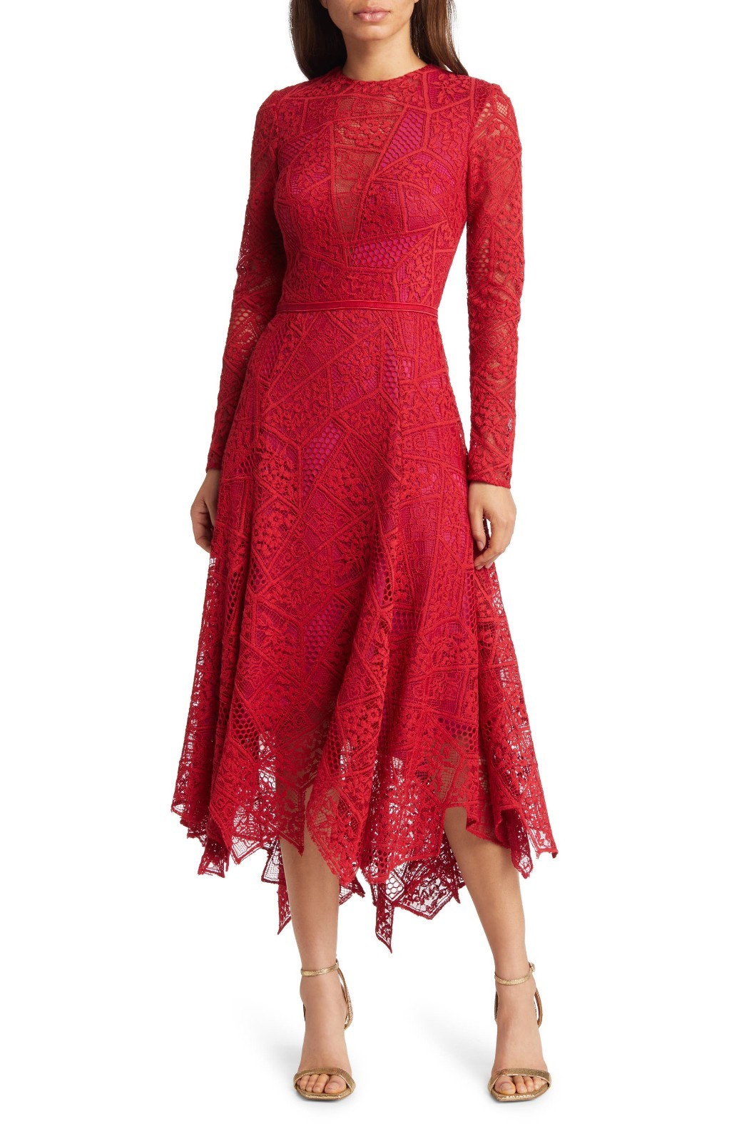 NWT TADASHI SHOJI Juliette in Lava Red Lace Handkerchief Hem Midi Dress 10