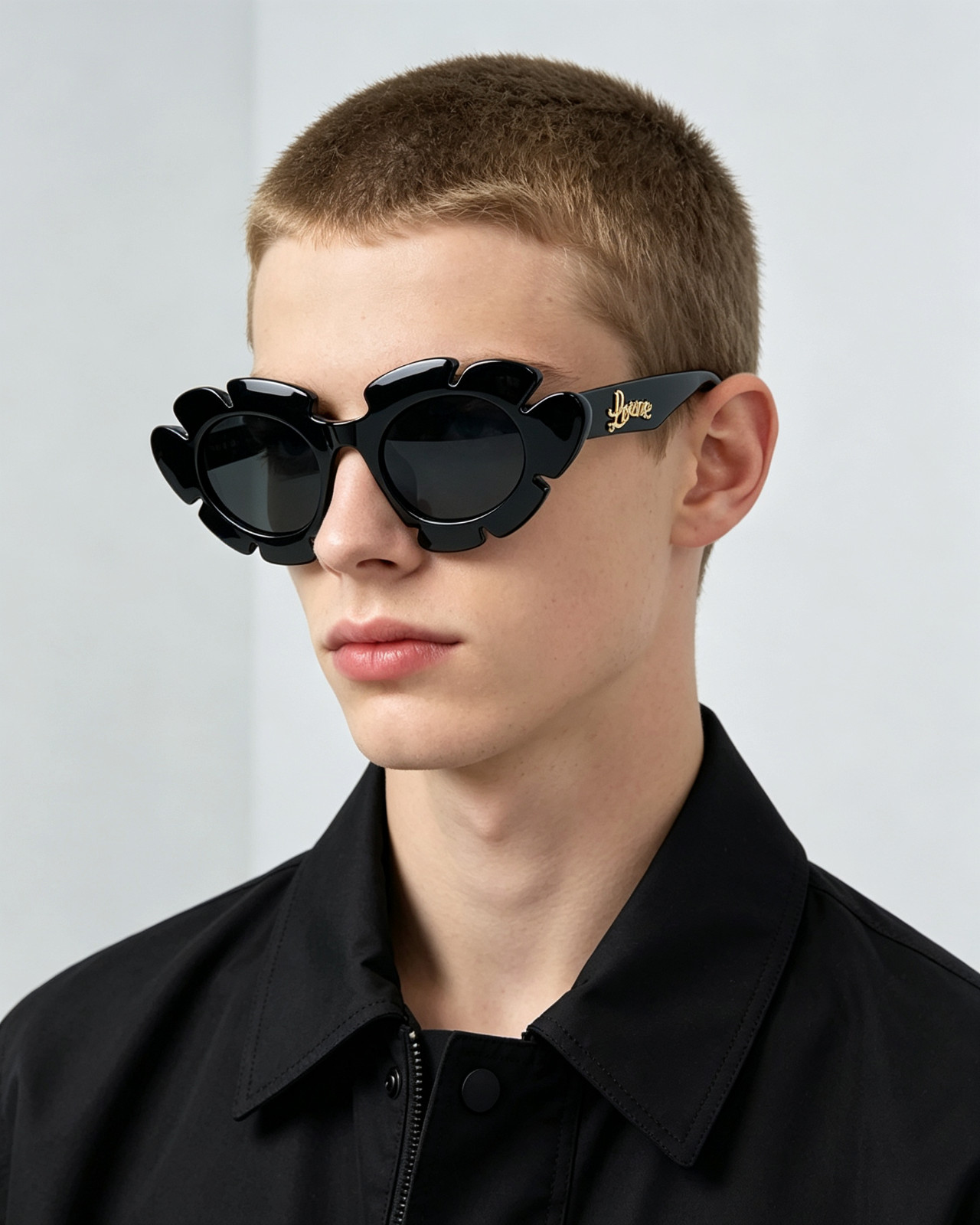 Loewe Flower Oval Sunglasses Black Acetate Frame Dark Grey Lens LW40088U