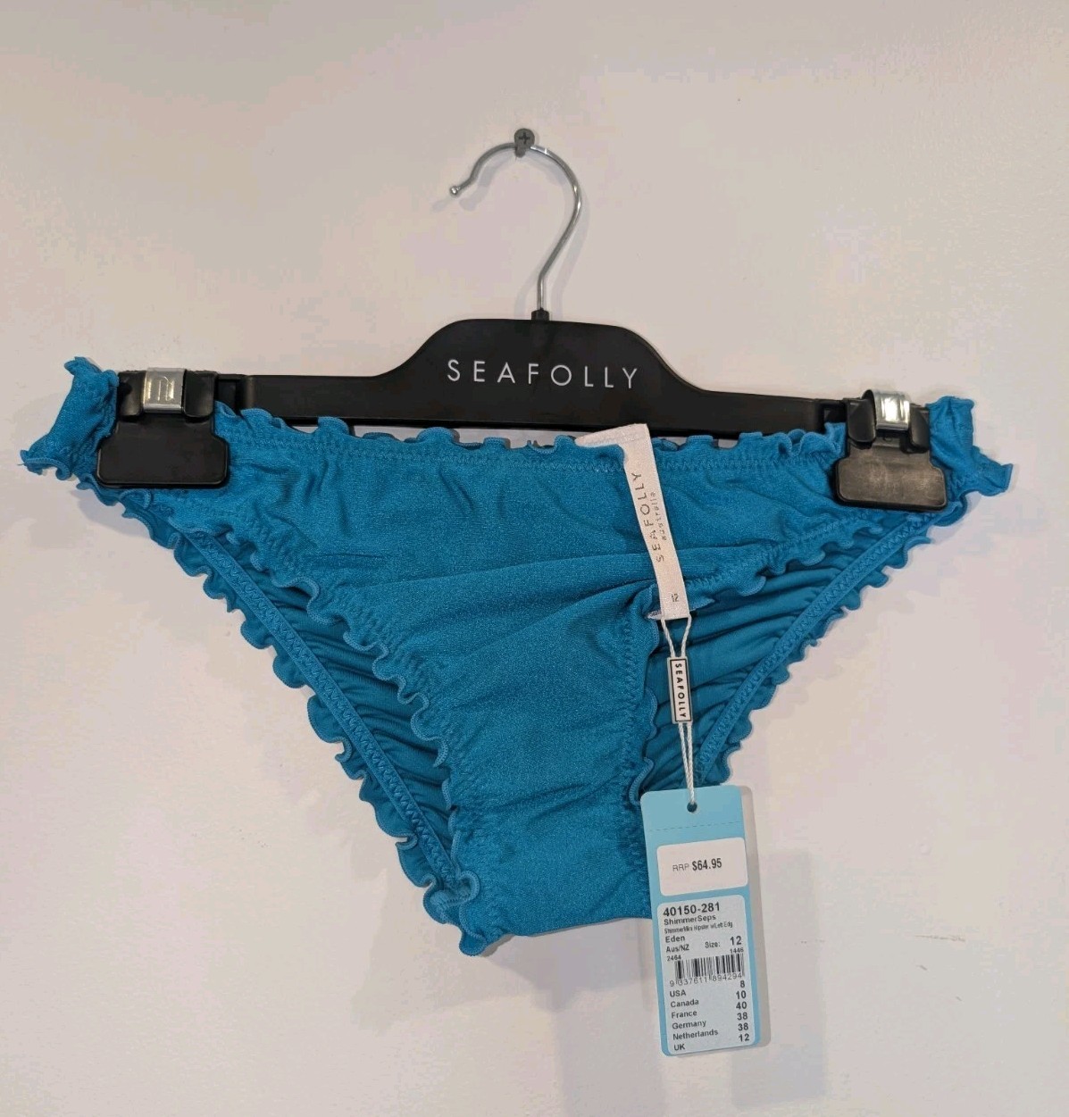 Seafolly Bikini Bottom Shimmer Hipster AU12 US8 New Tags Eden Blue RRP $64.95