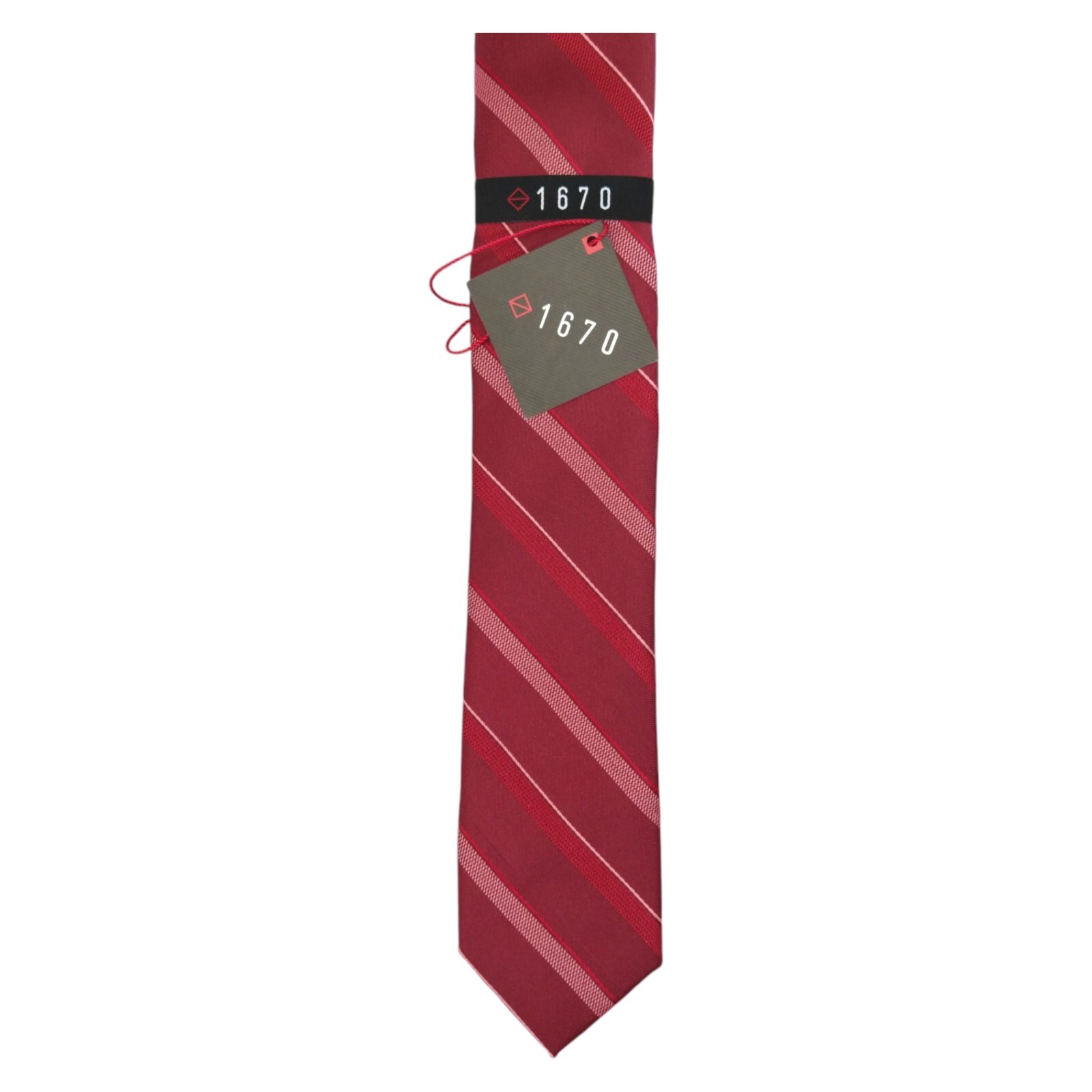 1670 Mens Slim Stripe Tie Red Cranberry Woven 2.5 Narrow Modern Fashion Necktie