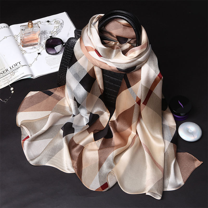 100% Pure Silk Scarf Women Large Long Scarf Shawl Check Style 71″*26″