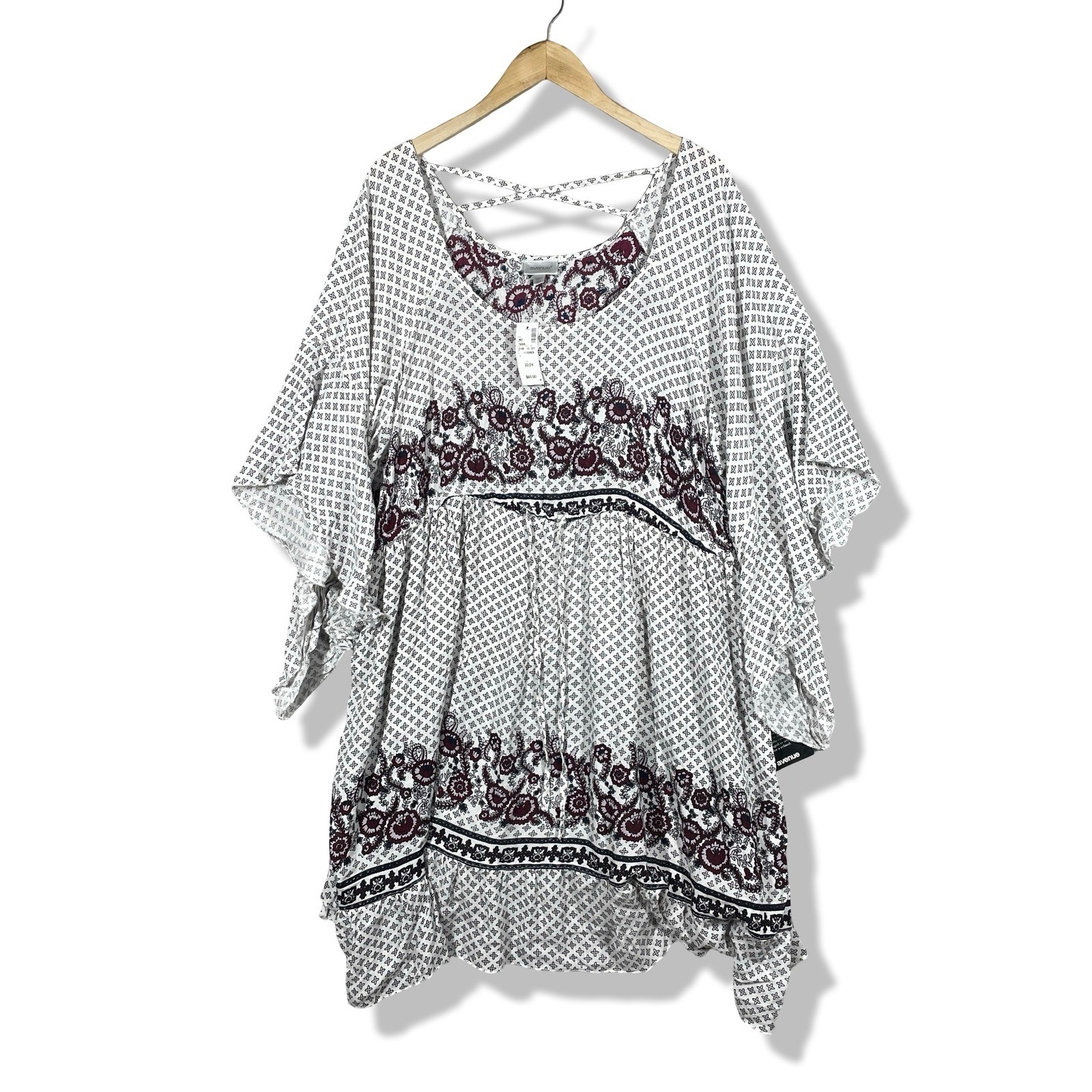 Avenue Tunic Top Womens 22/24 White Floral Boho Peasant Rayon Kaftan Blouse New
