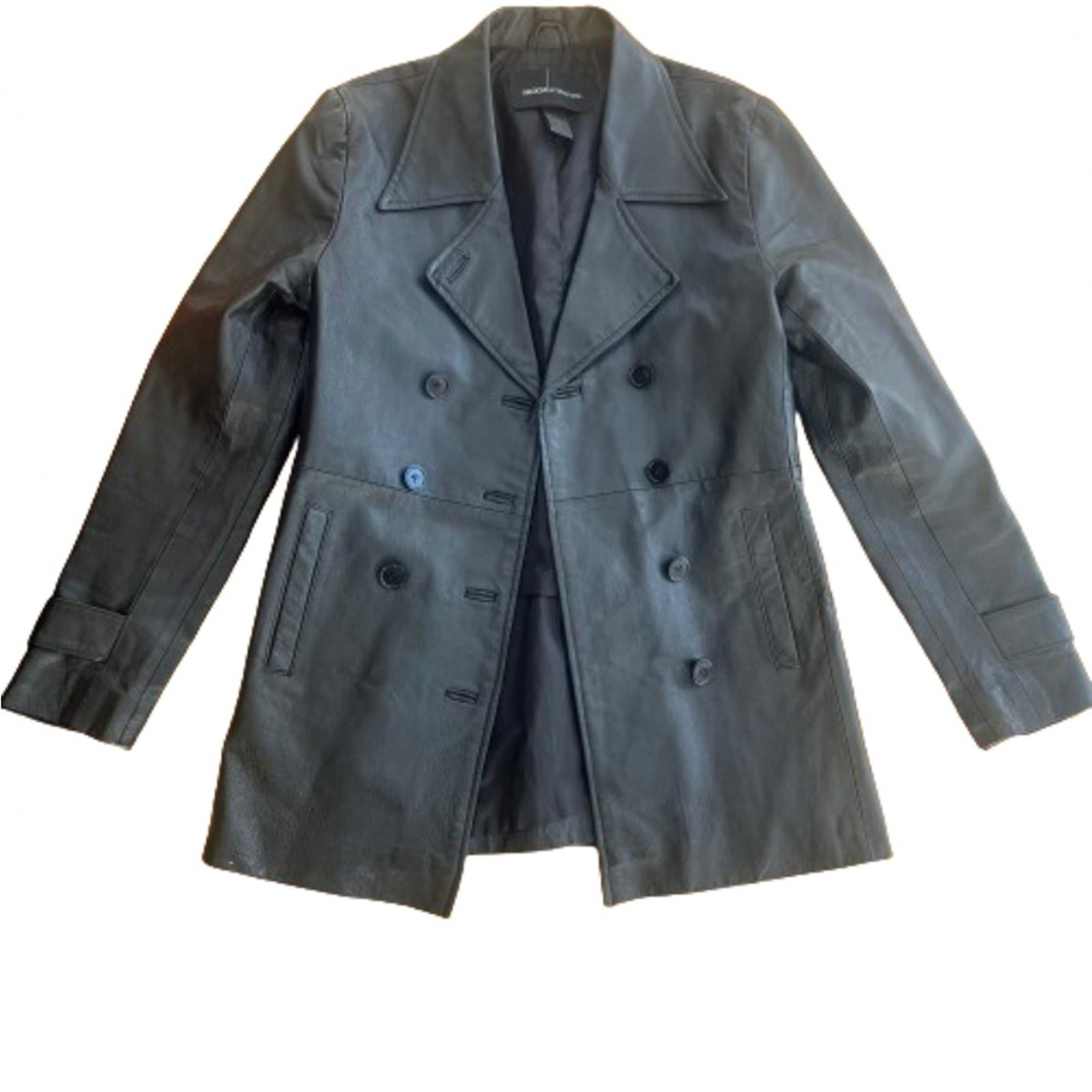 Y2k 90s Black Leather Jacket Trench Coat Double Breasted Shiny Sleek Extra Small