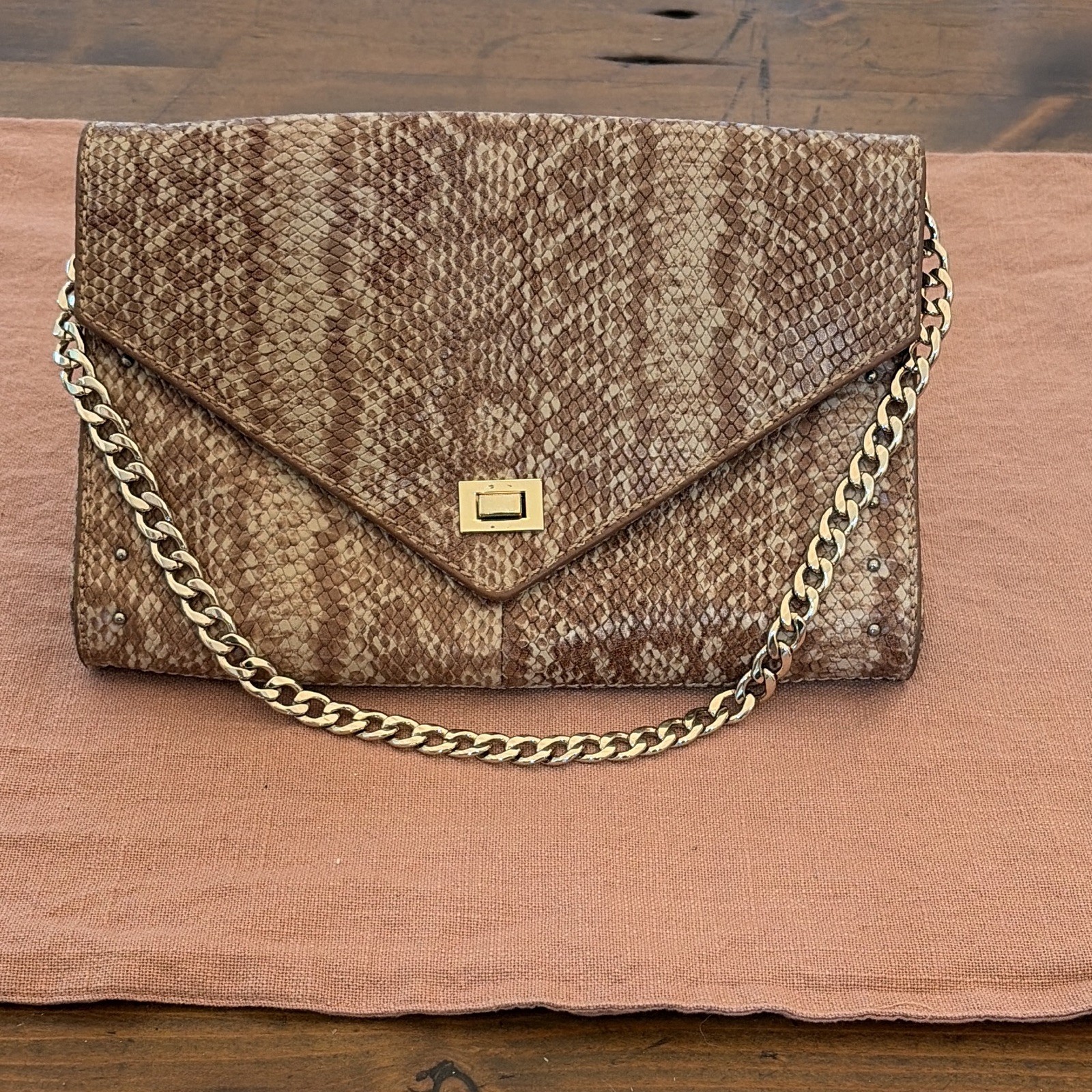 Cole Haan Pink Tan Snake Print Embossed Chain Bag Silver Hardware
