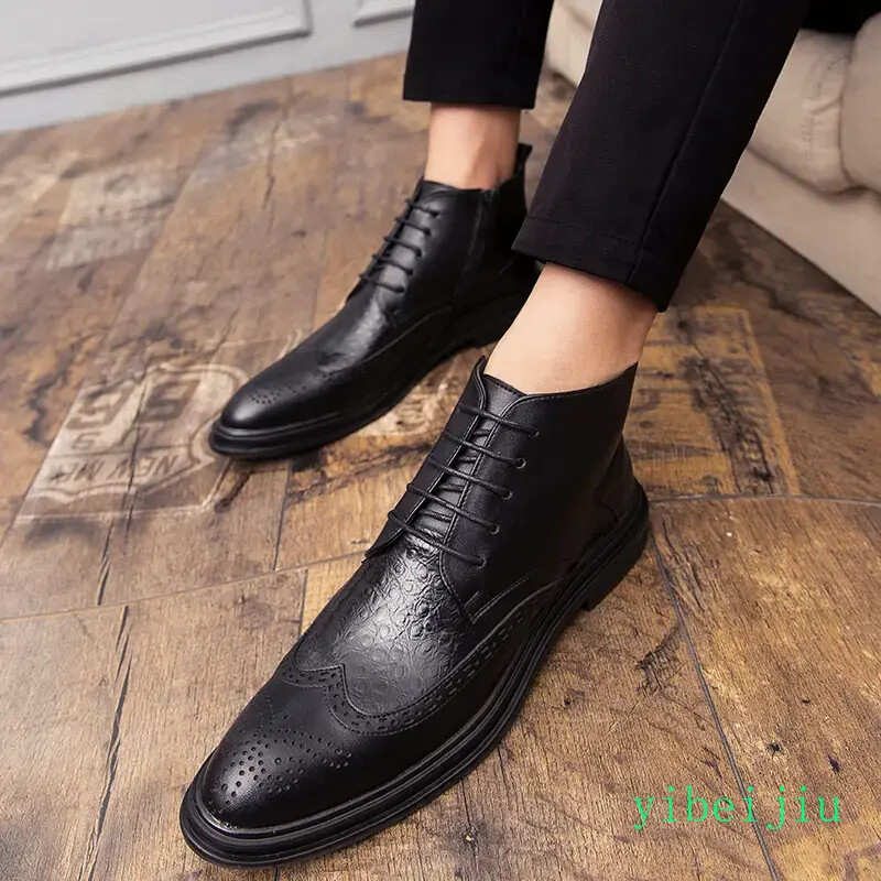 Mens Carved Brogue Shoes Business Alligator Pattern Ankle Boots Dress Lace Up