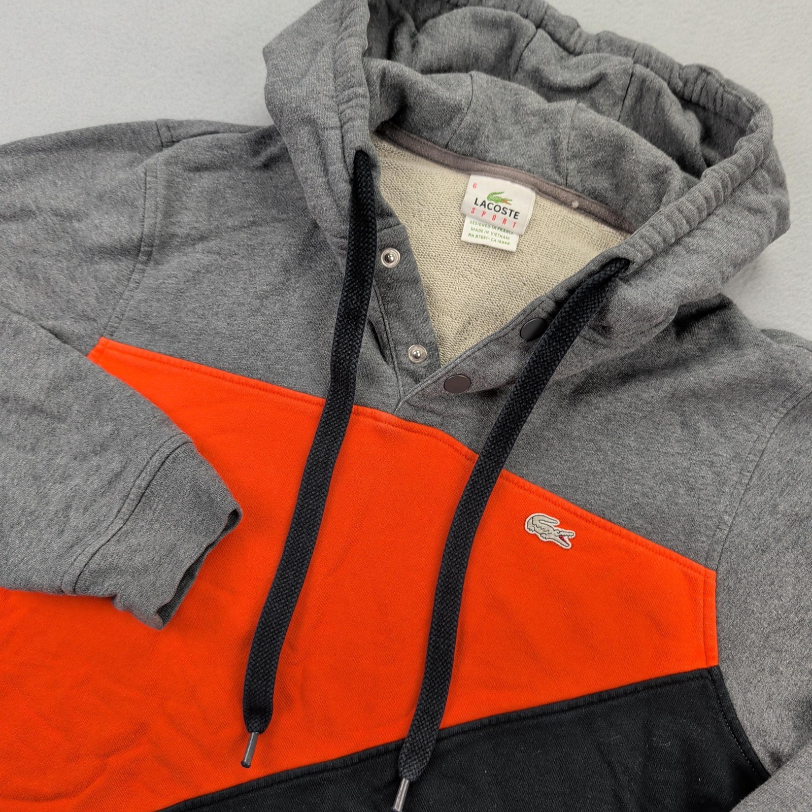Lacoste Sport Hoodie Mens 6 Gray Orange Black Colorblock Pullover Sweatshirt