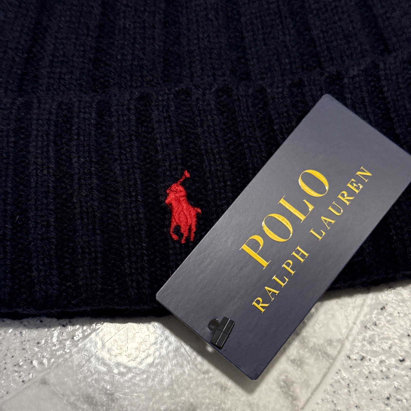 New Polo Ralph Lauren Wool Blend Ribbed Cuff Beanie Navy Pony Red Logo Men’s