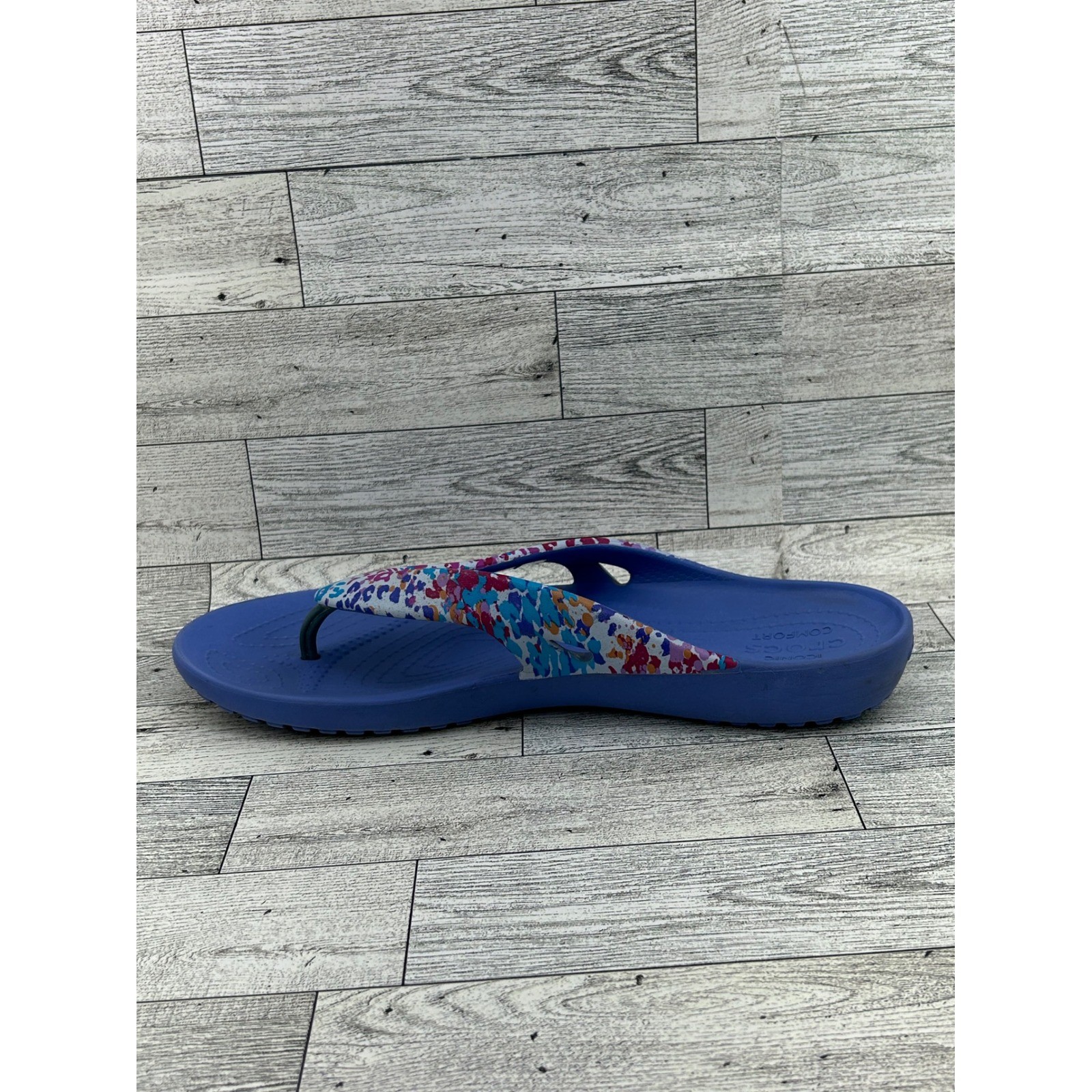Crocs Kadee II Flip Flops Women Size 10 Blue Multi Color Leopard Print Sandals