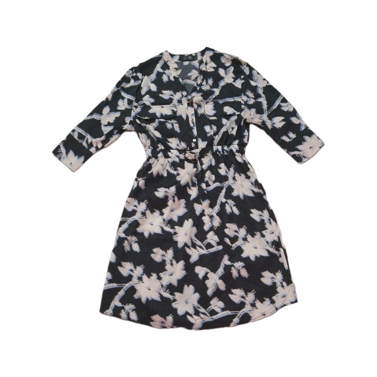 Spicy Women’s S Black White Floral Tie-Waist 3/4 Sleeve Knee Length Dress