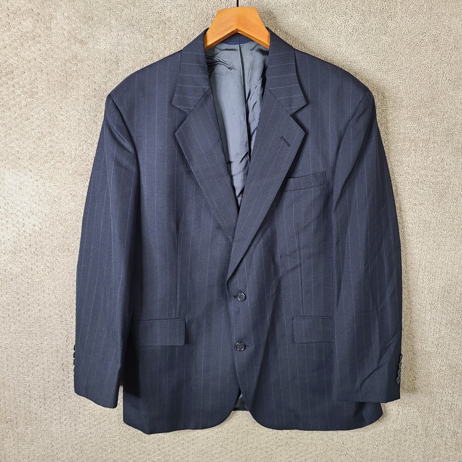 Deansgate Corporate Jacket Mens 44R Navy Blue Striped Wool Blend Blazer 2 Button