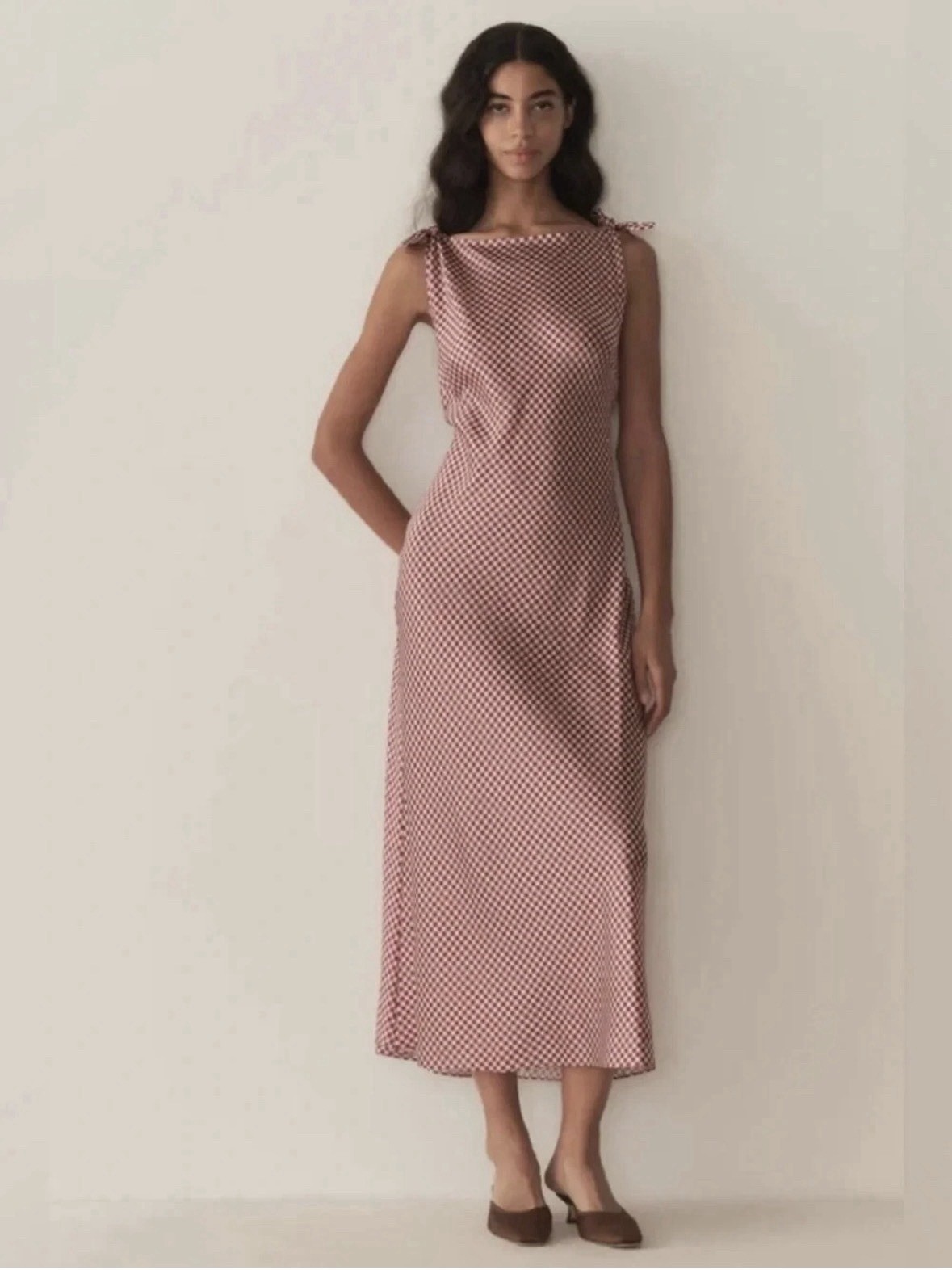 NWT Caroline Constas Burgundy Gingham Maxi Slip Dress Tie Shoulder Bias Small