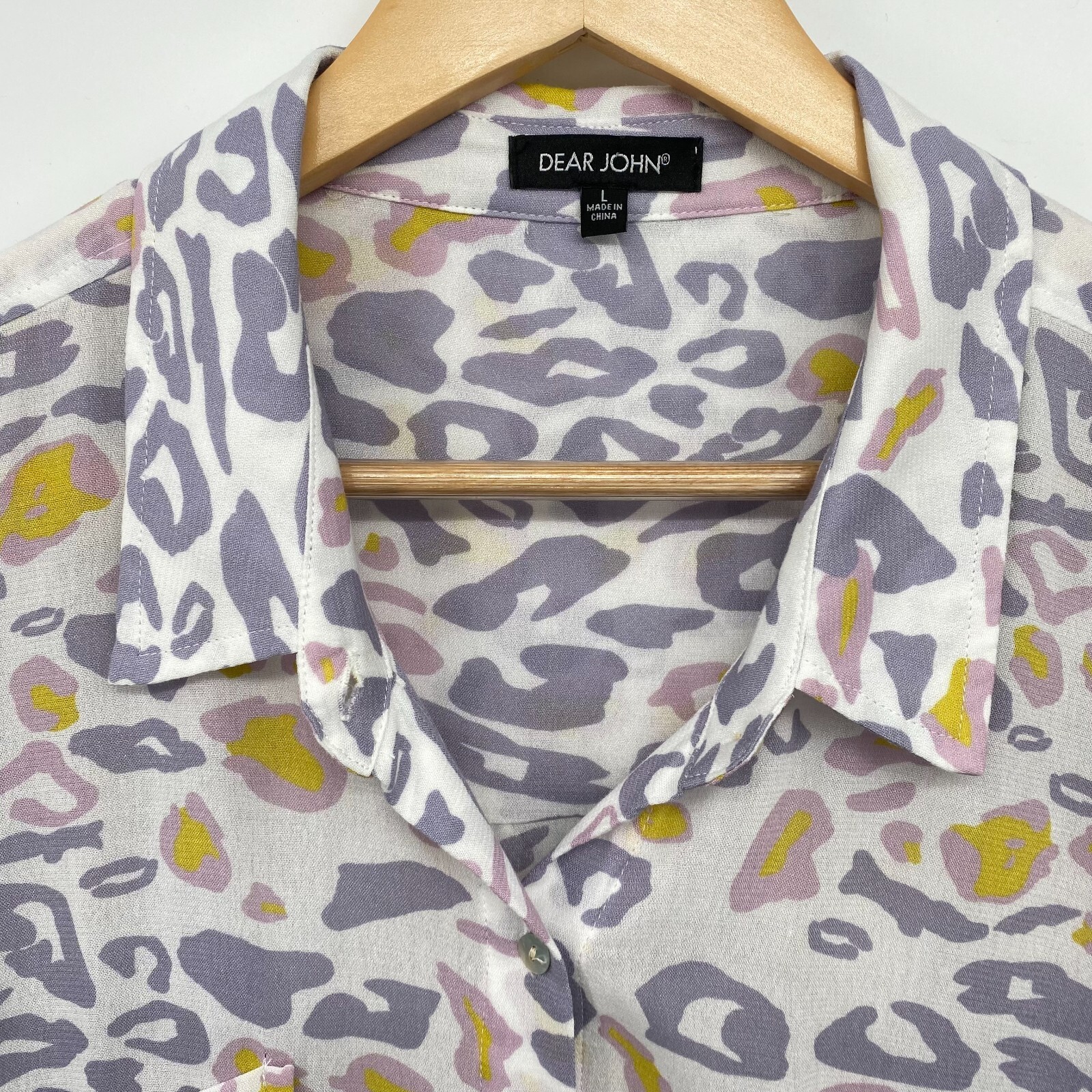 Dear John Arianna Top Shirt Blouse Size Large Leopard Long Roll Tab Sleeves Boho