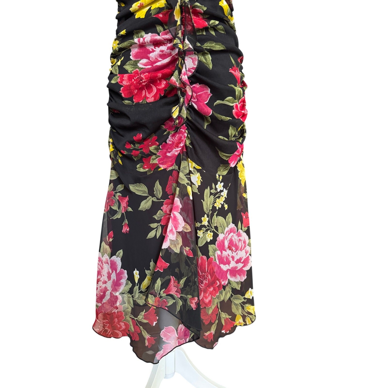 Morgan De Toi Floral Ruched Midi Dress Black Sheer Overlay Ruffle Size T2 S