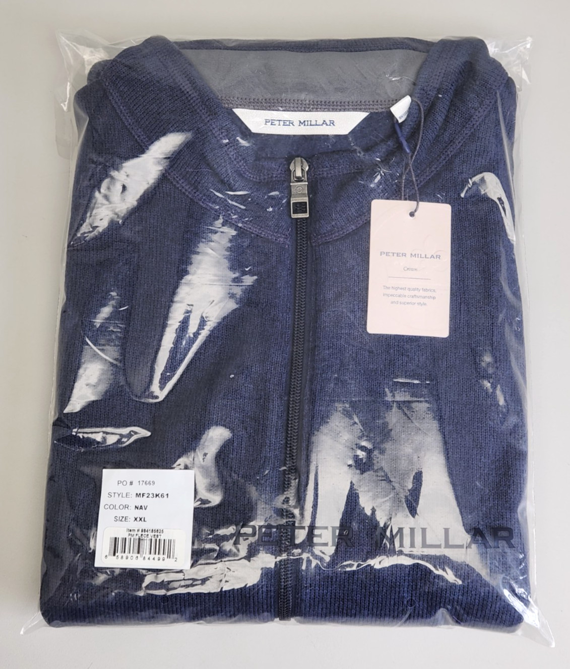 Peter Millar Crown Sweater Full-Zip Fleece Vest Navy Blue Mens XXL 2X-Large, NEW
