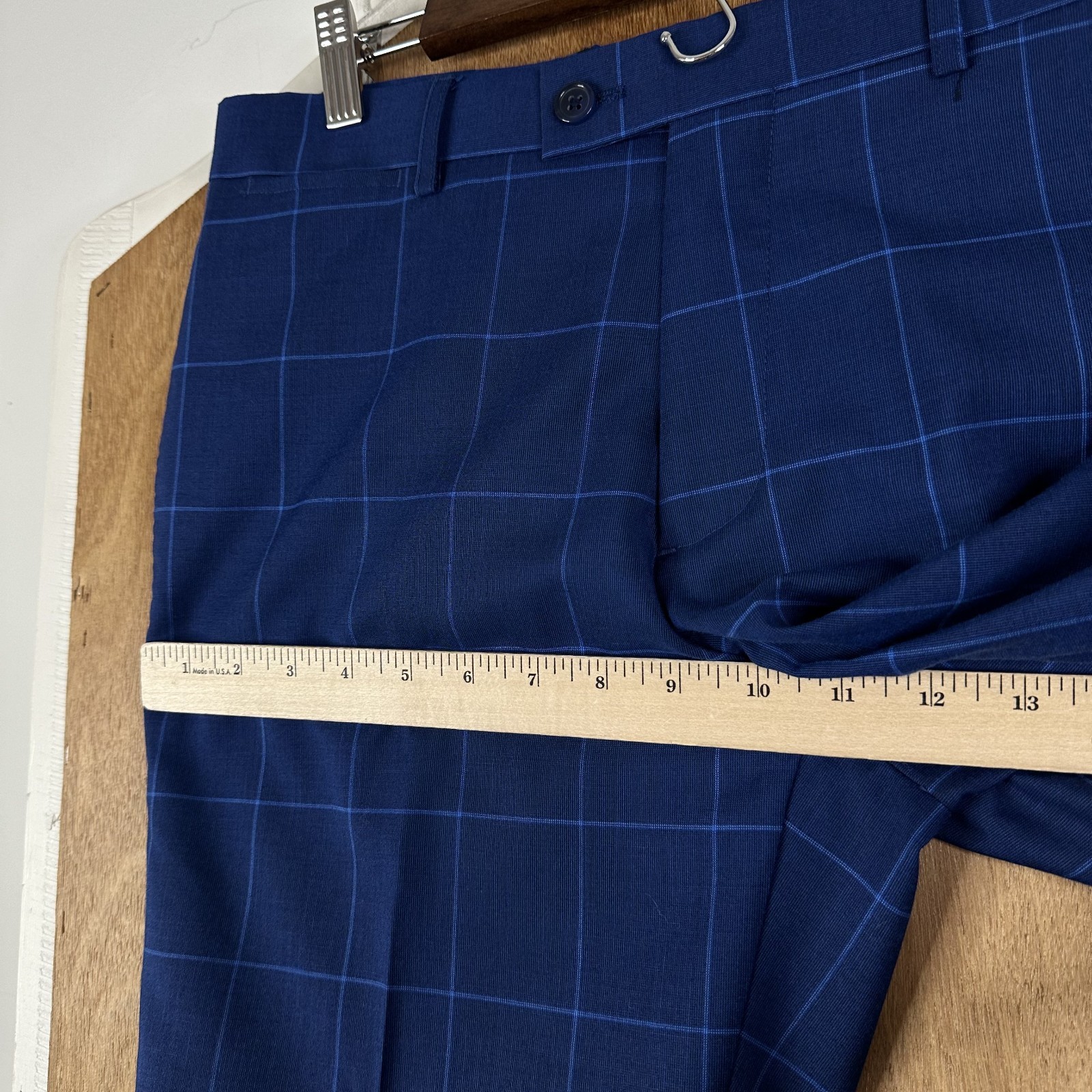 Bachrach Suit Mens 40L Navy Blue Windowpane Polyester Blend Pants 32×32 Flat