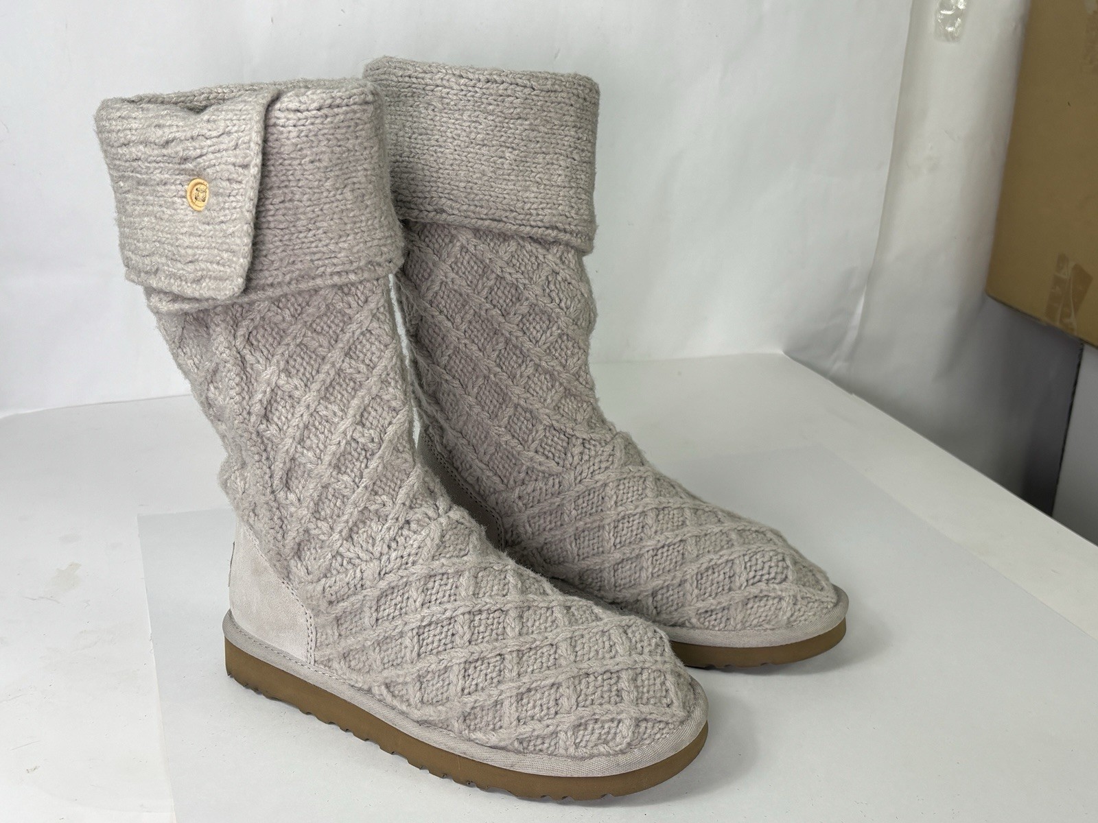 UGG Beige Lattice Cardy Tall BOOTS Size 7 Sweater Knit Button 3066 Cuffable