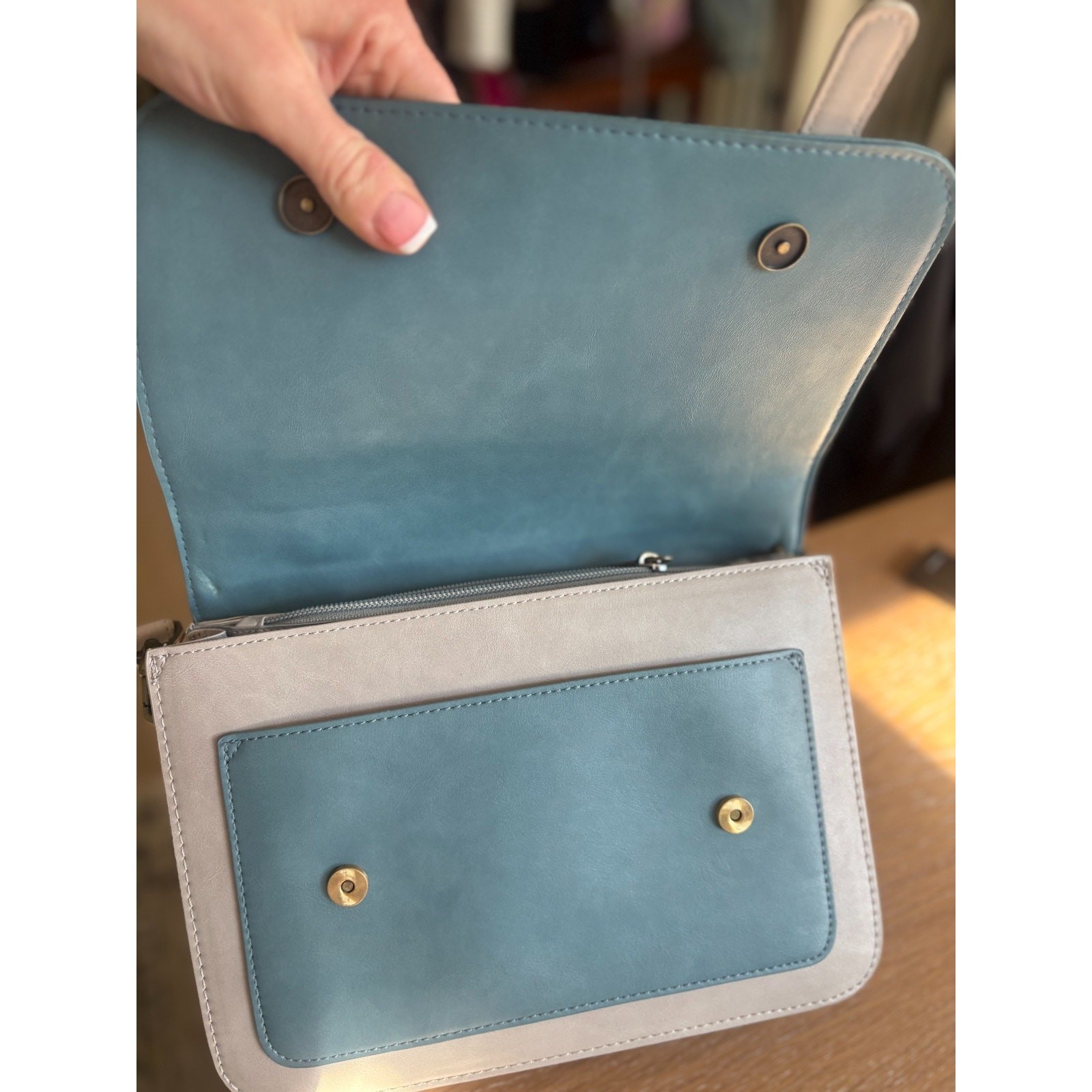 ECOSUSI Blue & Beige Two-Tone Messenger Bag – Detachable Bow – Retro Satchel