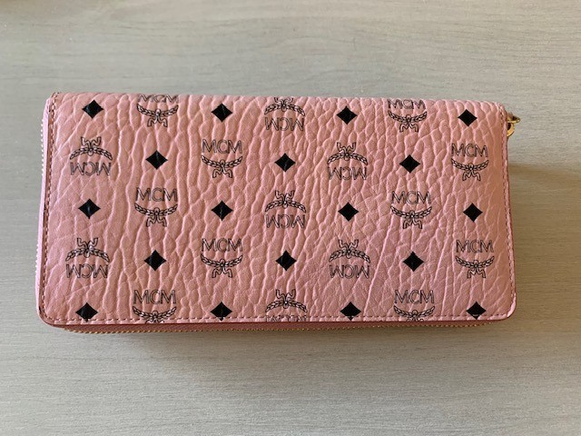 MCM Soft Pink Visetos Zip-Around Wallet Monogram Canvas Natural Nappa Leather