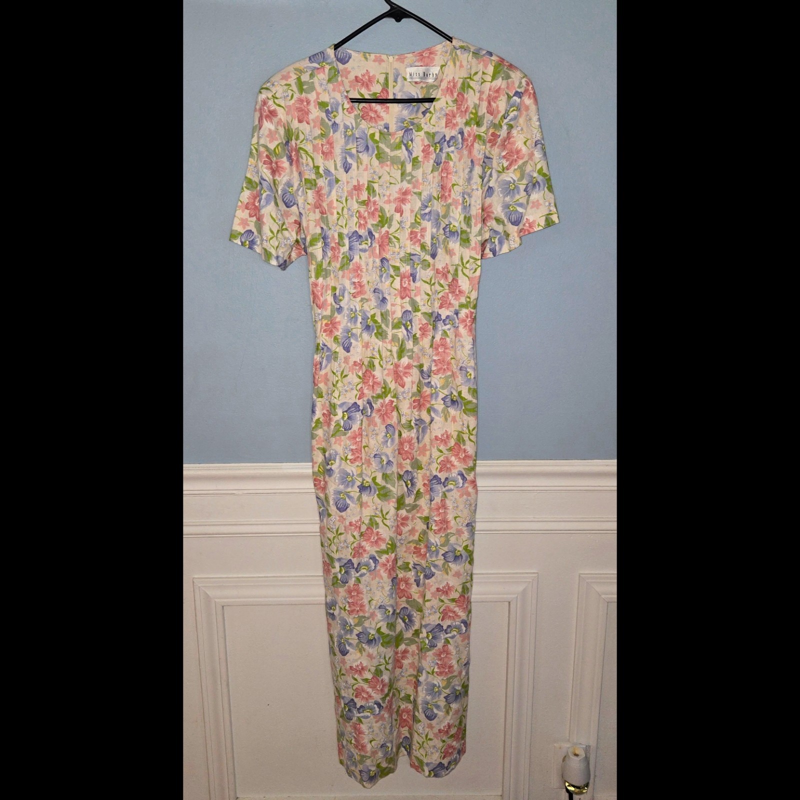 Vintage Floral Cottagecore Ivory Pink Blue Long Tie-Back Dress Size XL Feminine