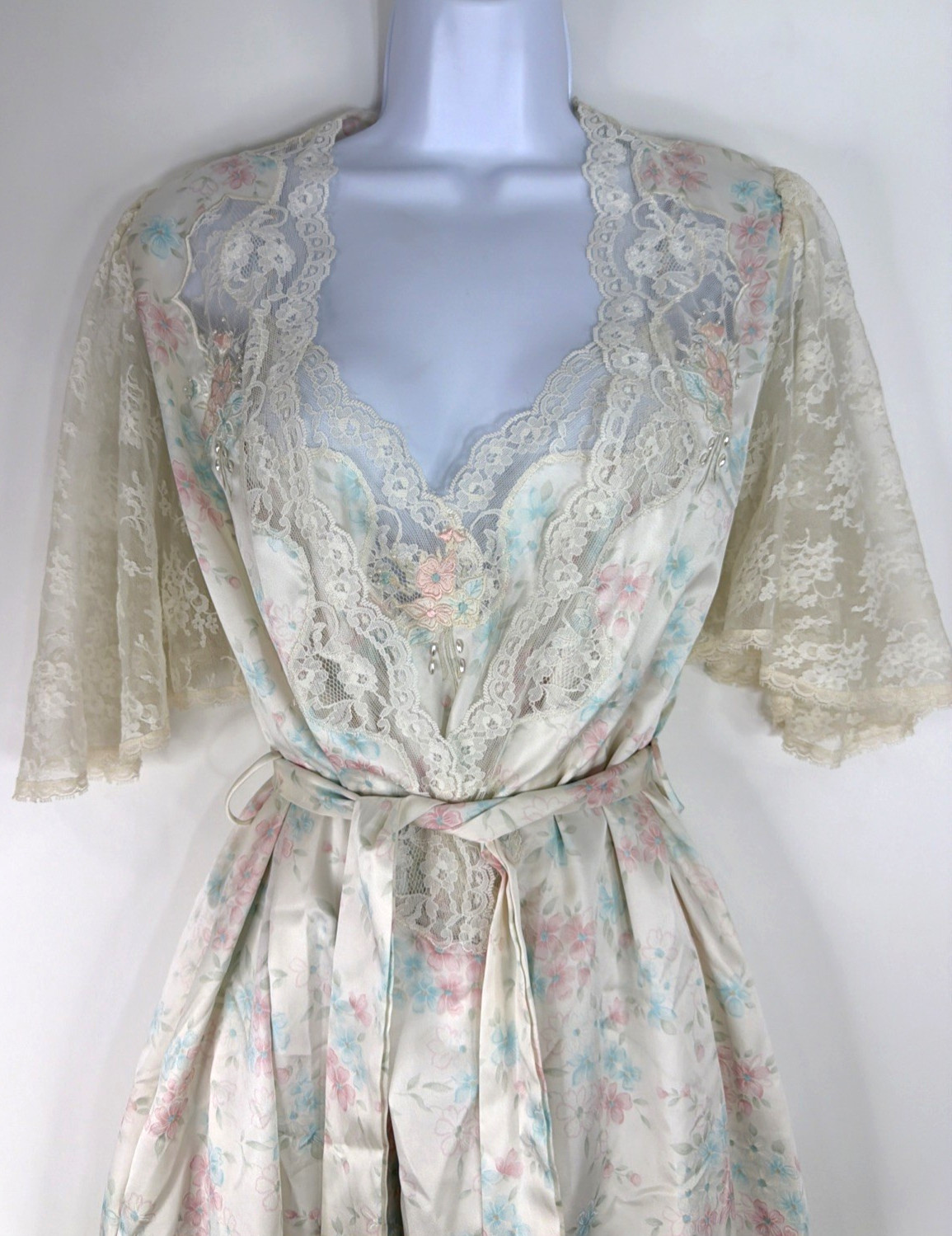 VTG Sara Beth Satin Poly Nightgown Robe Set Pink/Blue Floral Lace Bridal Small
