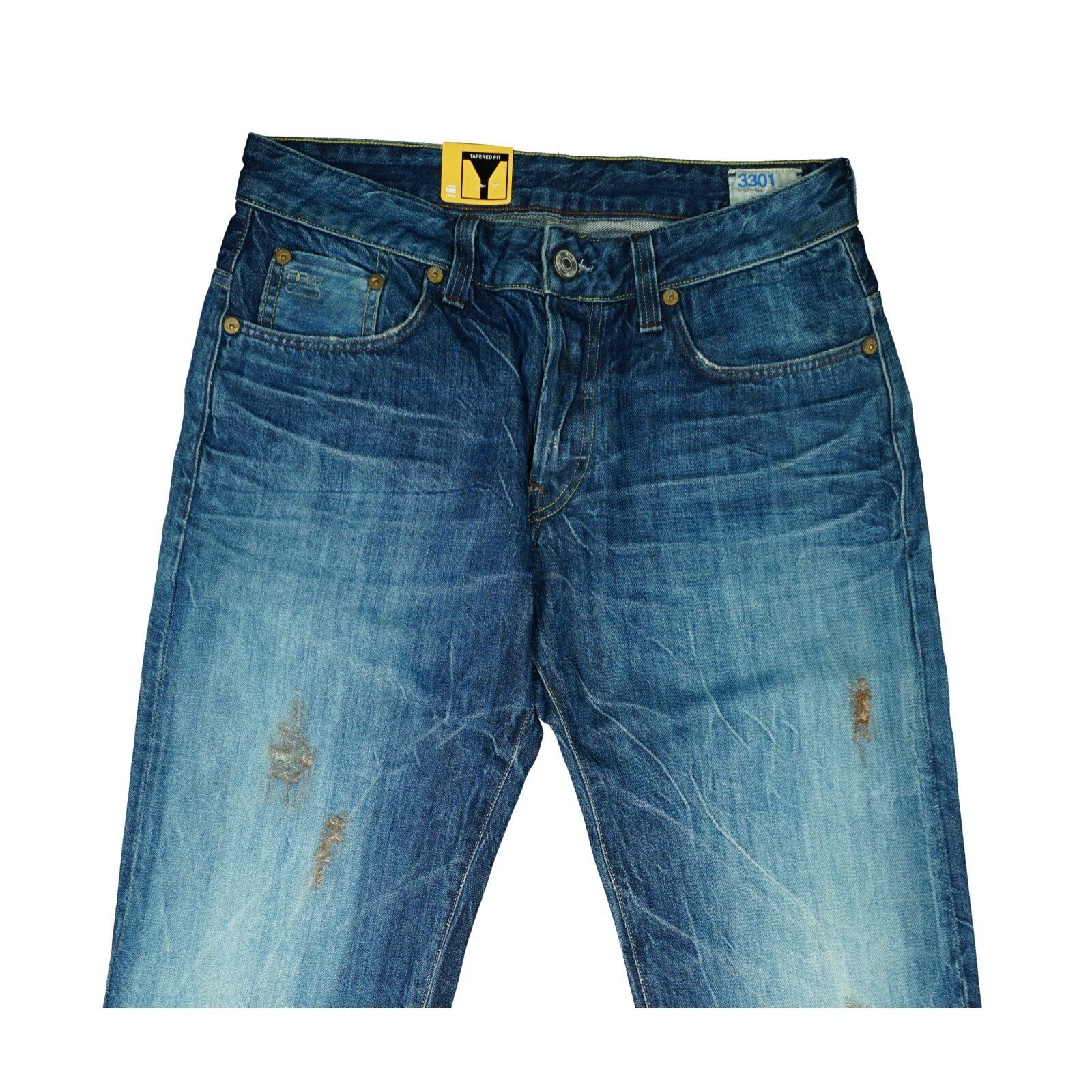 G-Star 3301 Low Tapered RL Mens Jeans Trousers Destroyed Slim 50 W33 L32 Blue NEW