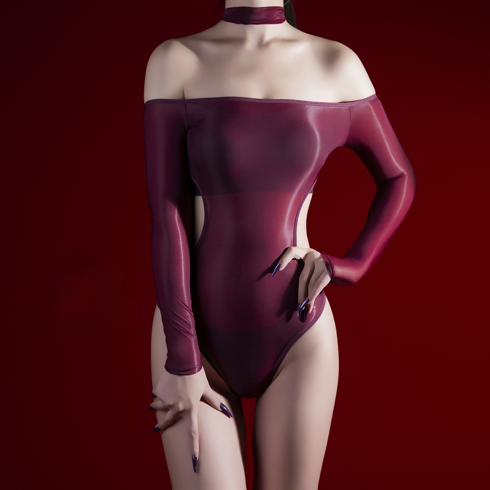 Oil Glossy Shiny Halter Off Shoulder Bodysuit High Cut Nylon Backless Leotard