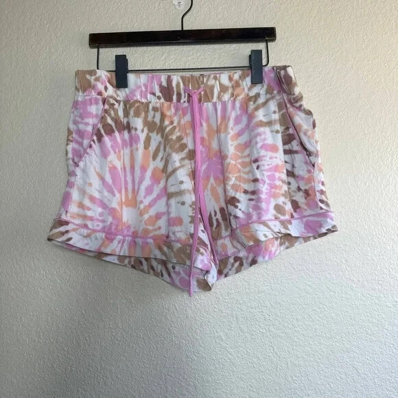 Lands End Comfort Knit Pajama Set Short Sleeve Top Shorts Pocket Pink tie dye 1X