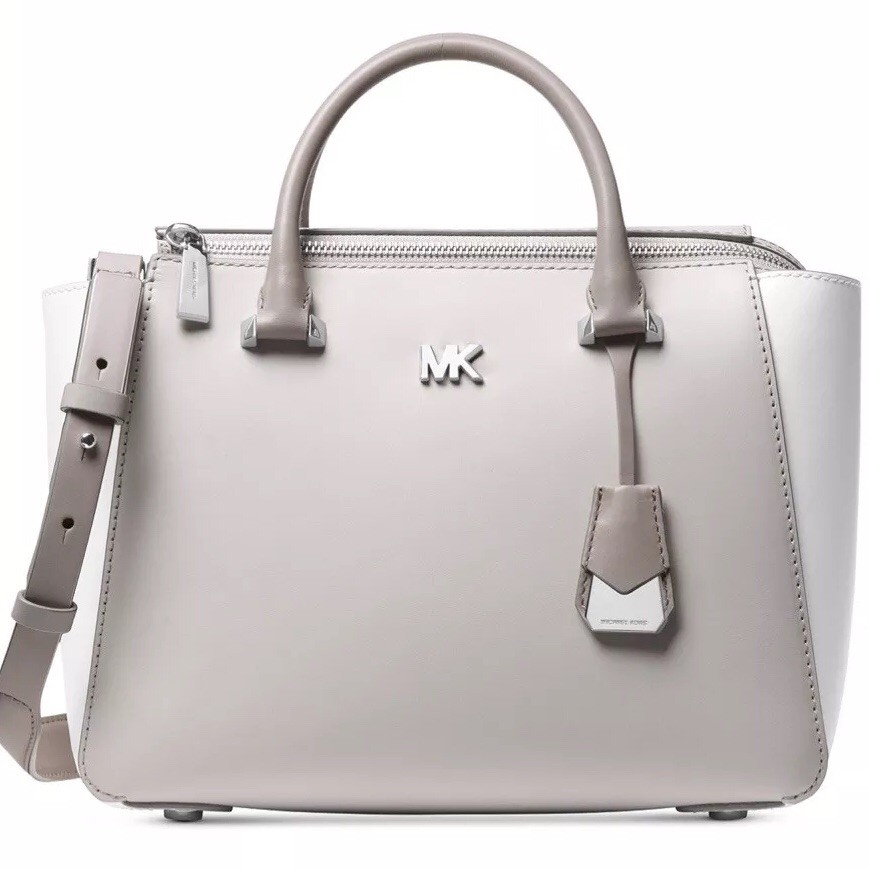 New Michael Kors Nolita MD Satchel pearl grey white leather bag silver Aluminum