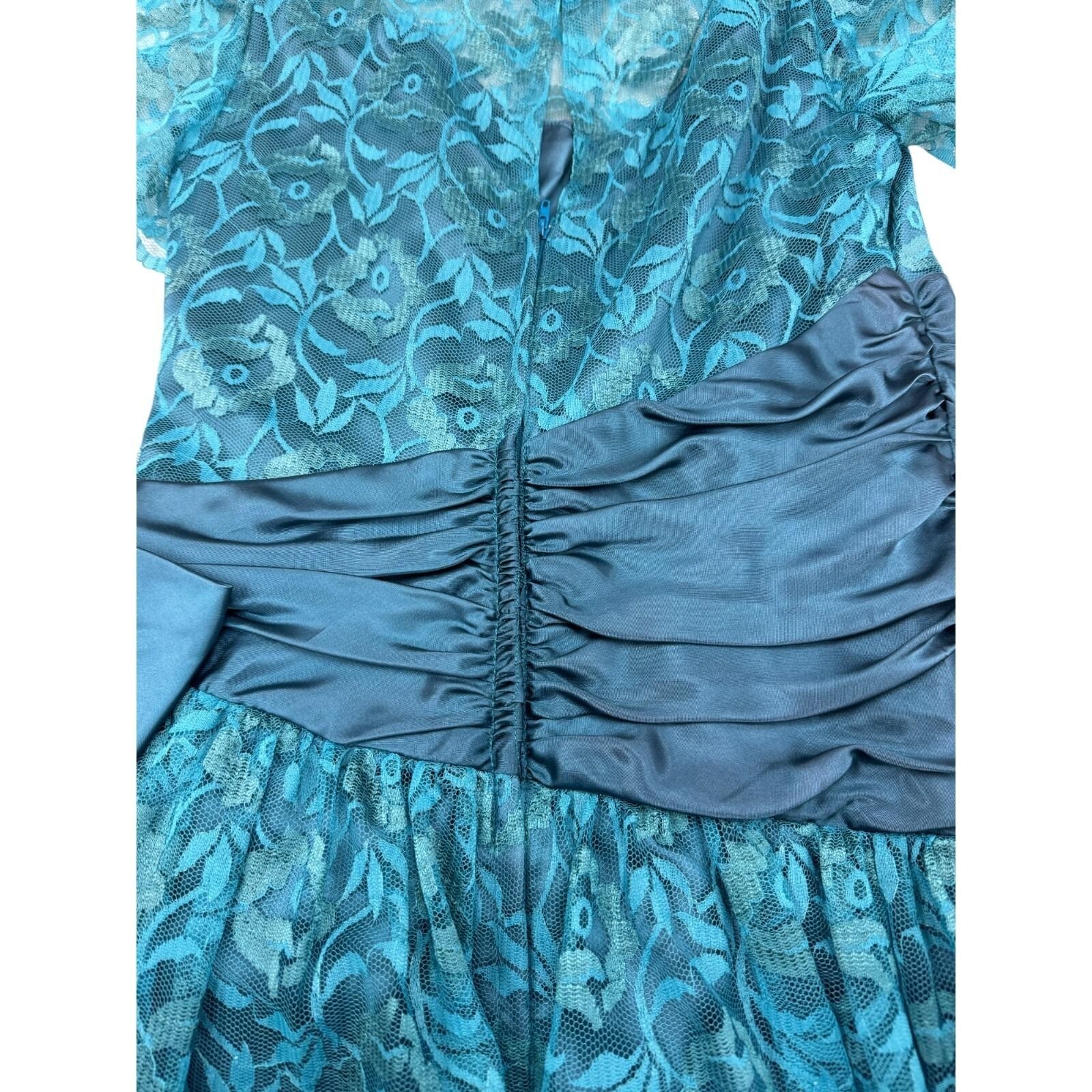 Vitnage 70s Teal Floral Lace Short Sleeve Midi Formal Prom Dress Sz 11/12
