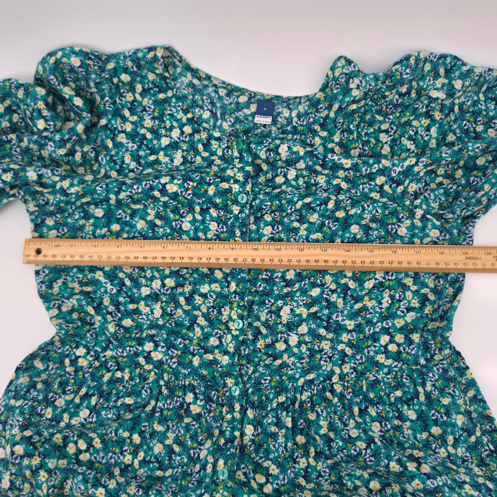 Old Navy Teal Green Floral Tiered Maxi Dress Puff Sleeve Button Front Womens M