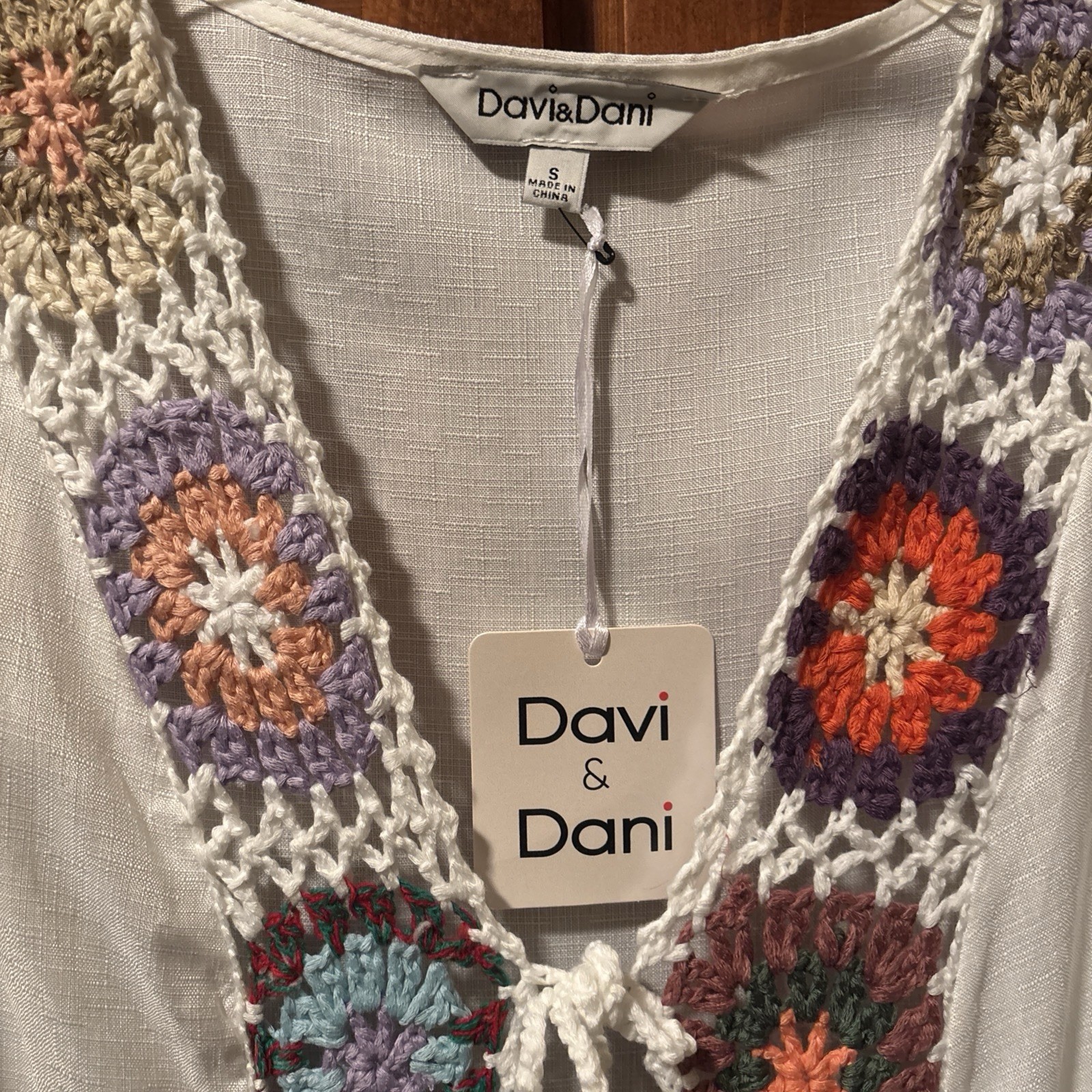Davi & Dani White Multicolor Crochet Hand Knit Granny Square Trim Cover Up Dress