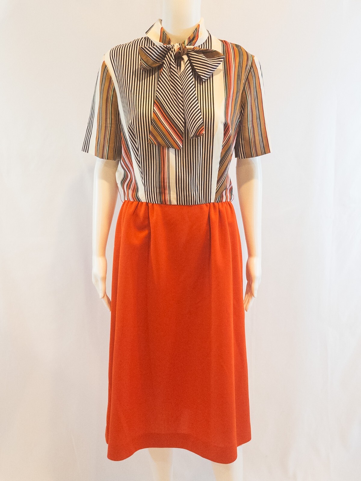 Vintage 1970s Dress with Silky Striped Top with Bow, Dark Orange Knit Skirt – 16