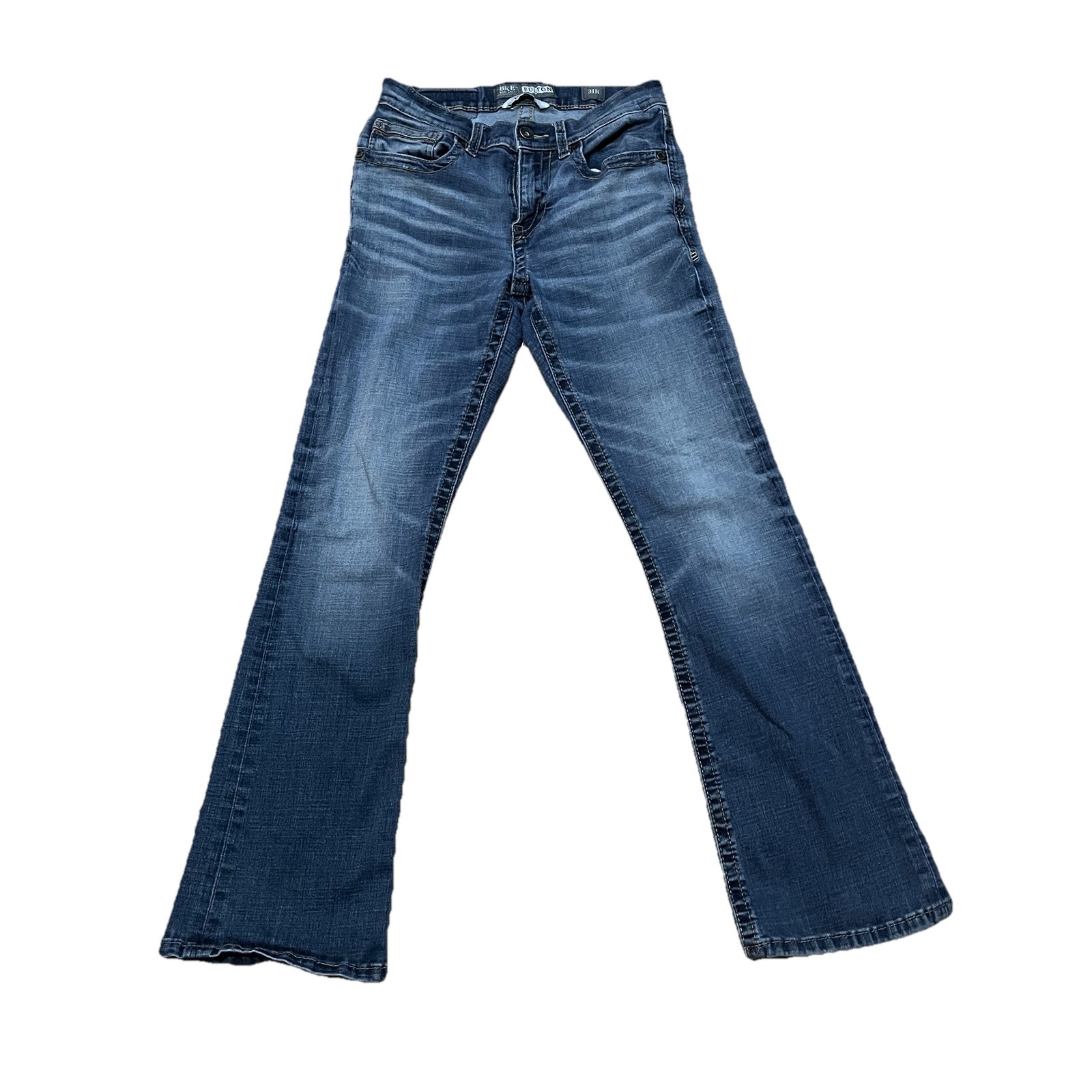 BKE Fulton Bootleg Mens Jeans 31R Medium Wash Blue Whiskered Distressed Stretch