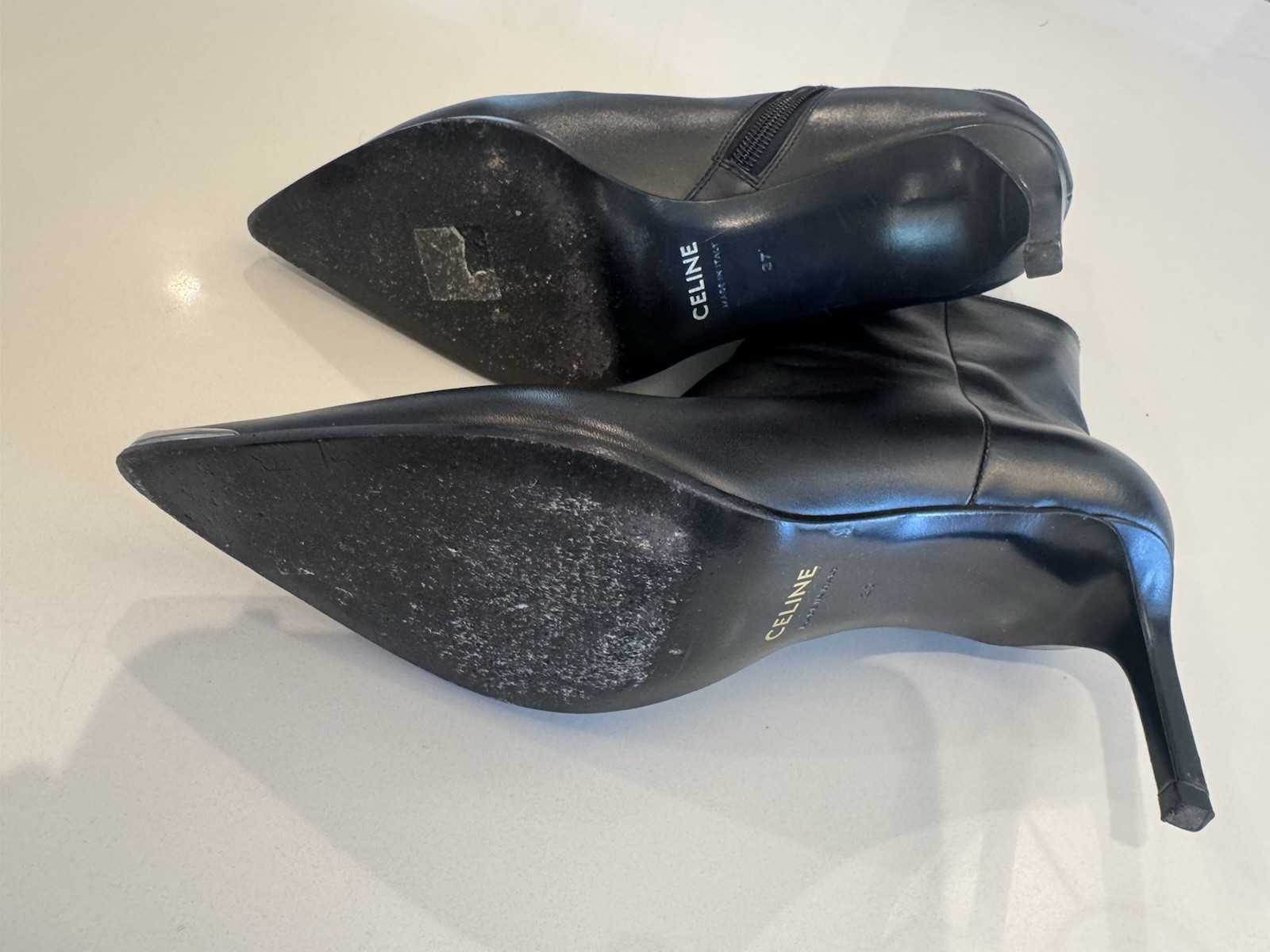 Celine Black Leather Ankle Bootie Pointed Toe Zip Stiletto Women’s US 7 EU 37