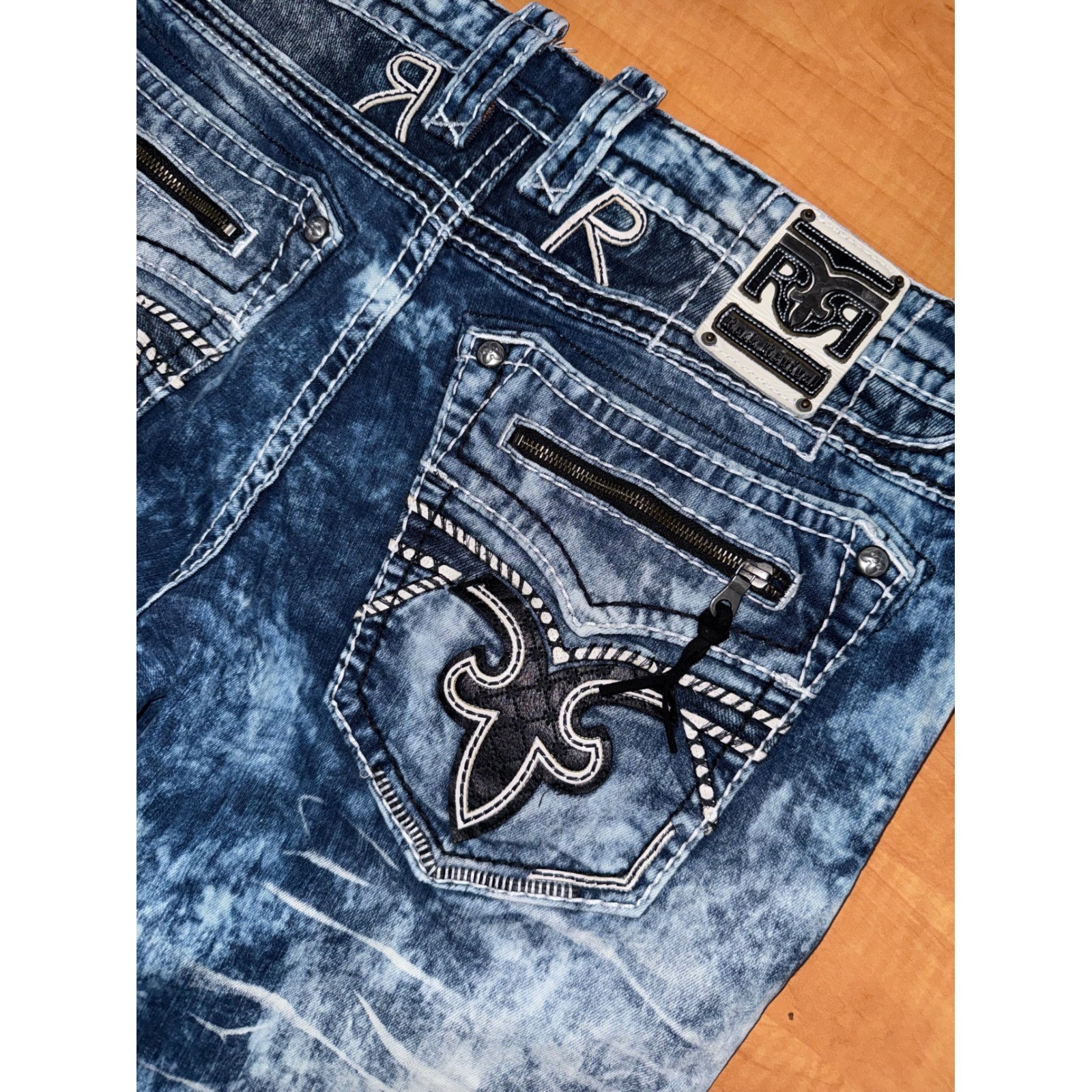 Rock Revival Montell Short Mens 40 Blue Acid Wash Distressed Moto Denim Shorts