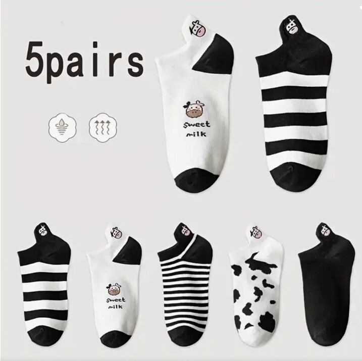 Women’s Cute Cartoon Cow Print Pattern Ankle Socks Fashion Sock Set Of 5