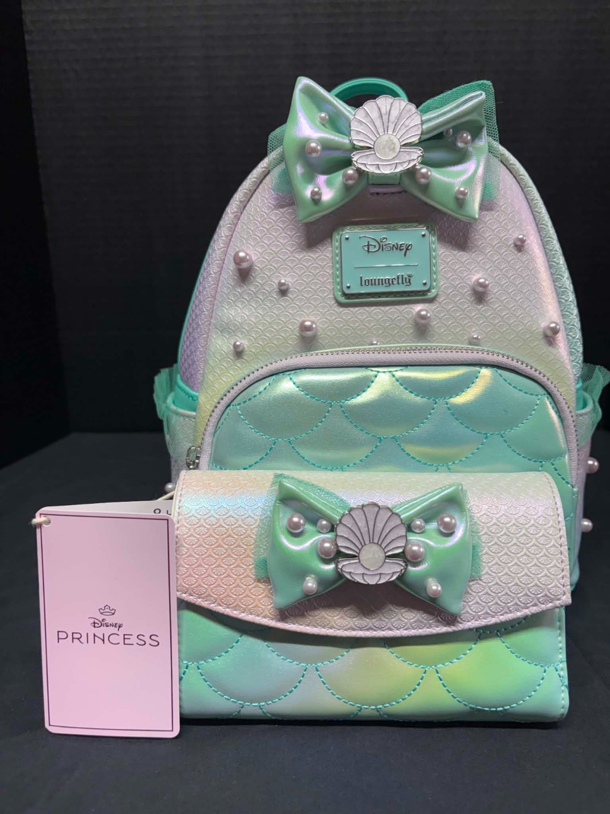 NWT Loungefly Disney Princess Ariel Little Mermaid Ombre Pearl Backpack & Wallet