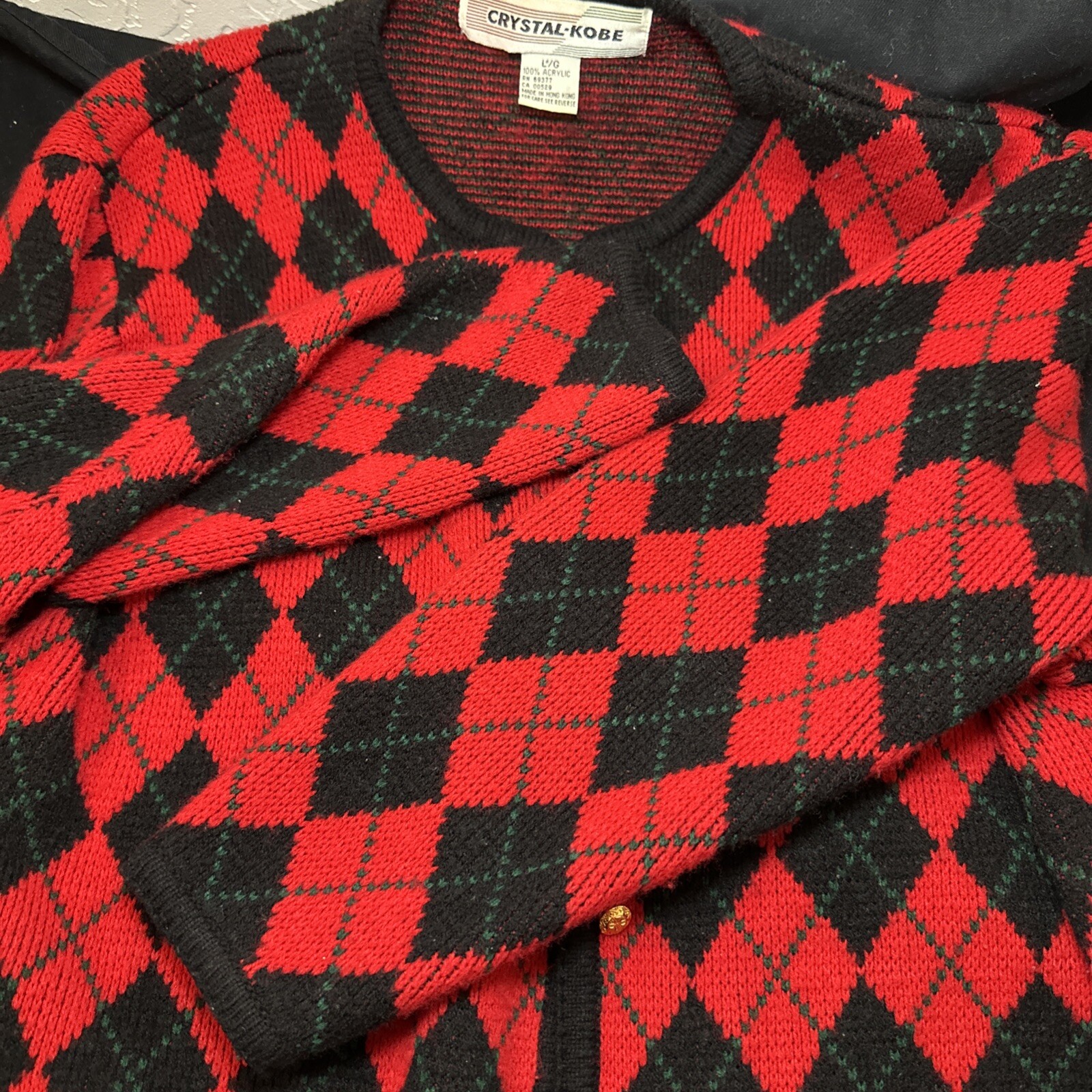 Red Argyle Cardigan Womens Large Black Crystal Gold Button VTG Diamond Sweater
