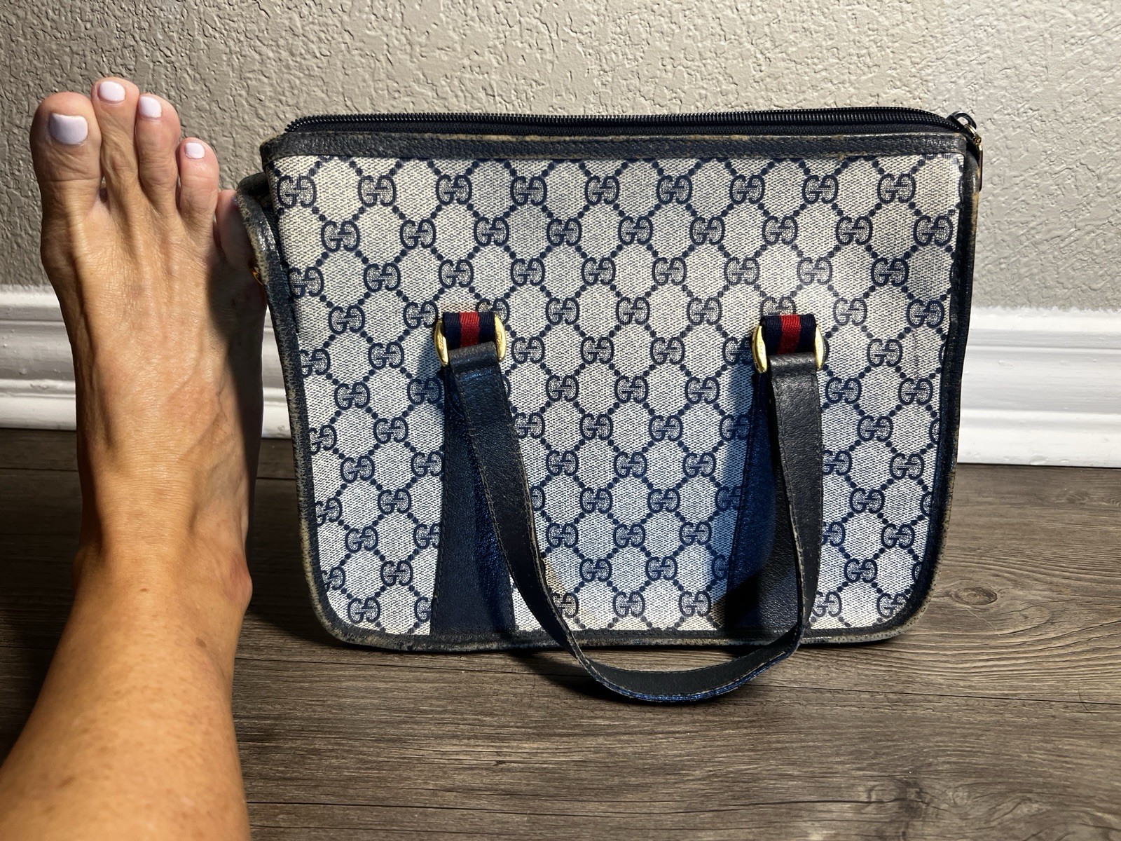 Vintage Gucci GG Supreme Monogram Small Top Handle Tote Navy Italy