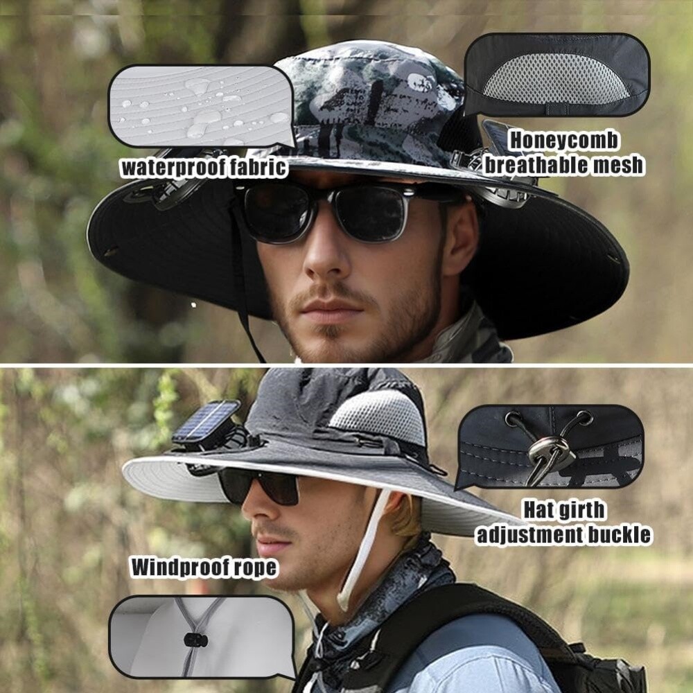 Wide Brim Sun Hat with Solar & USB Fan UPF50+ UV Protection for Fishing & Campin