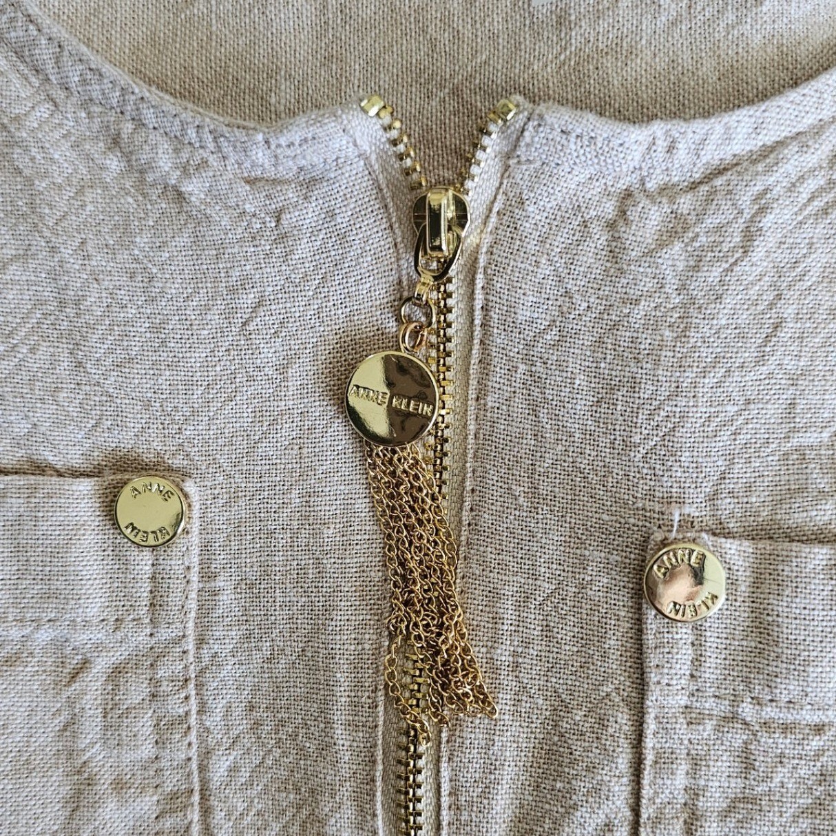 Anne Klein Womens Linen Blend Half Zip Tassel Tunic Top Beige Small