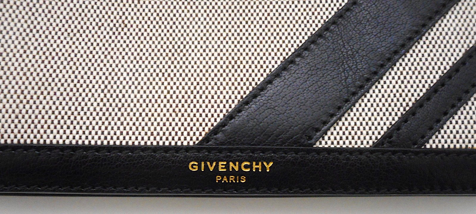 GIVENCHY PARIS Tan & Black Leather Trim Clutch Purse with Gold Tone Chain Handle