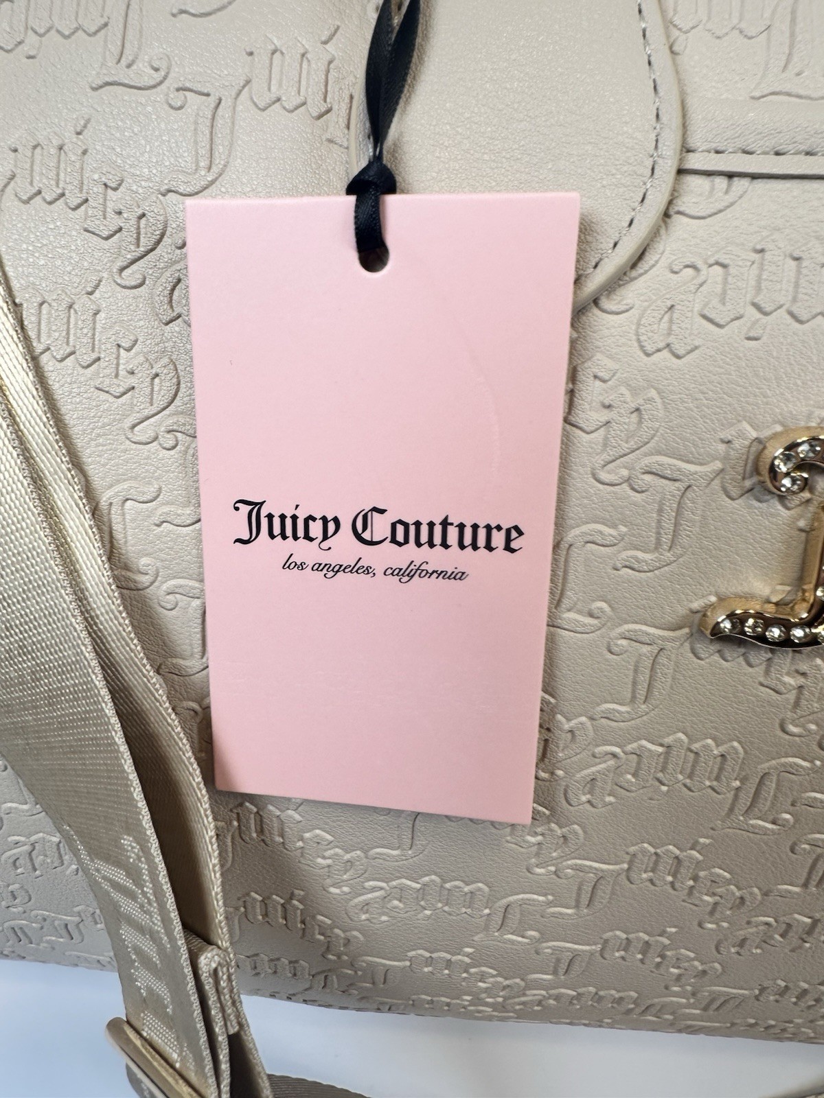Juicy Couture Cream Embossed Monogram Duffle Bag Rhinestone J Charm NWT