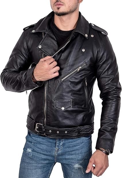 Mens Brando Cowhide Leather Jacket Motorcycle Black Marlon Biker Jacket Classic
